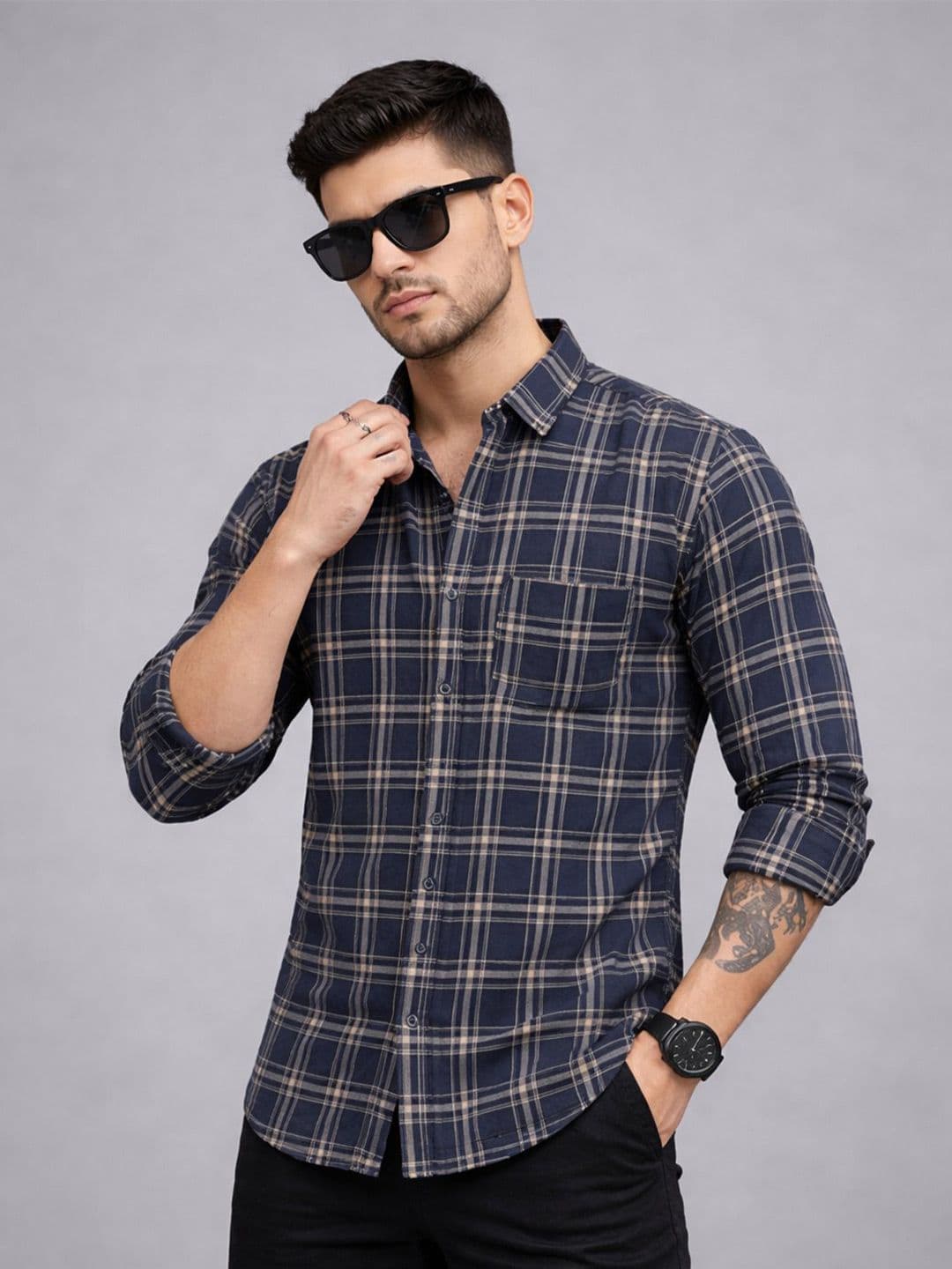 The Roadster Lifestyle Co Checked Spread Collar Slim Fit Shirt - view 1