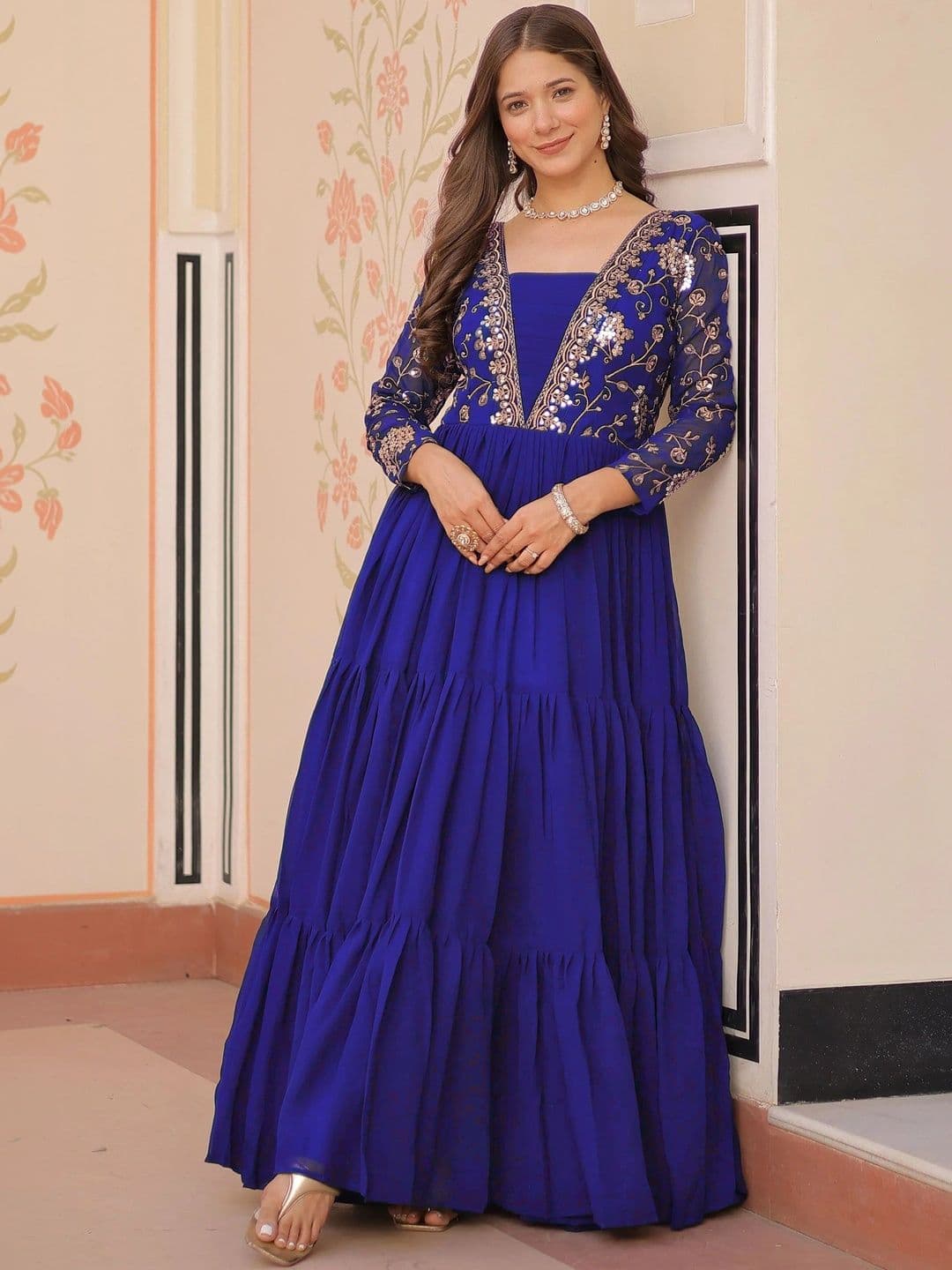 LAZZLY Embroidered V-Neck Maxi Ethnic Dresses - view 1