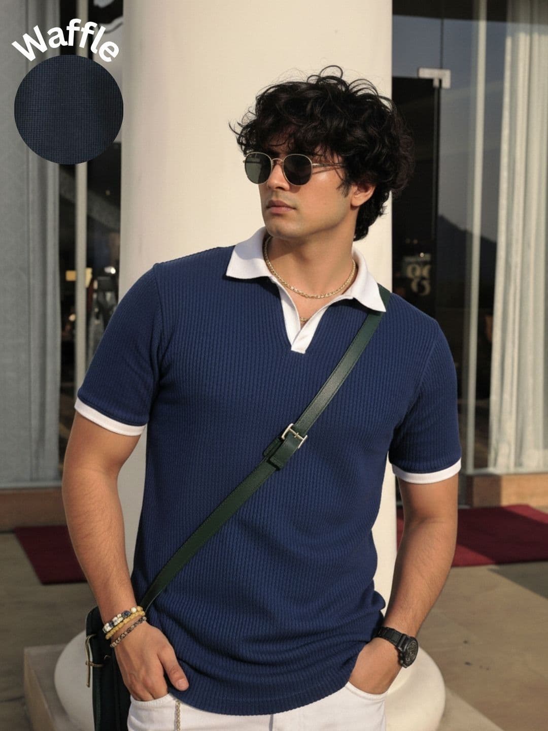 Rigo Men Navy Blue Self-Textured Waffle Contrast Collar Half Sleeve Polo T-Shirt - view 1