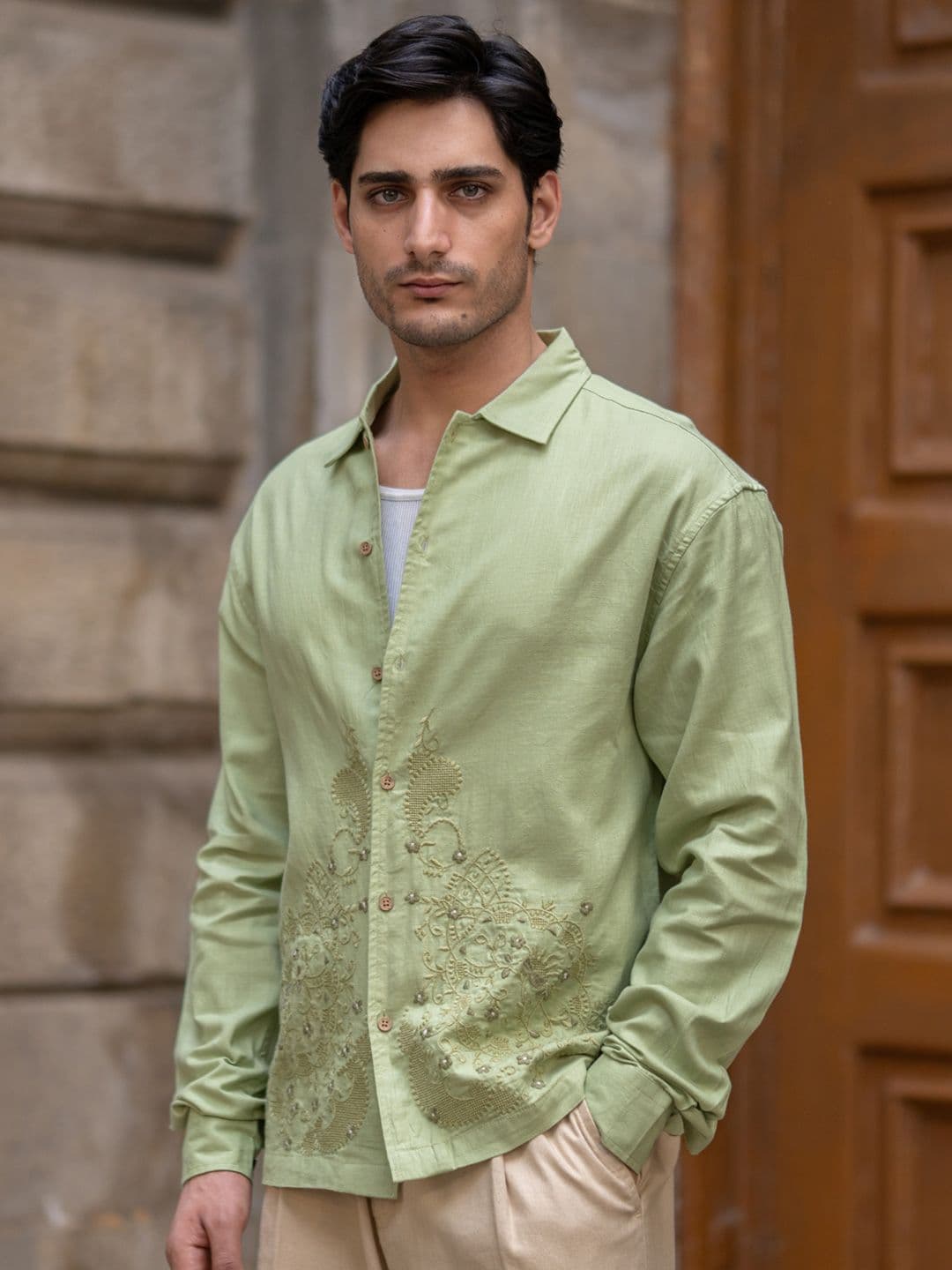 Powerlook Embroidered Spread Collar Cotton Oversized Casual Shirt - view 1