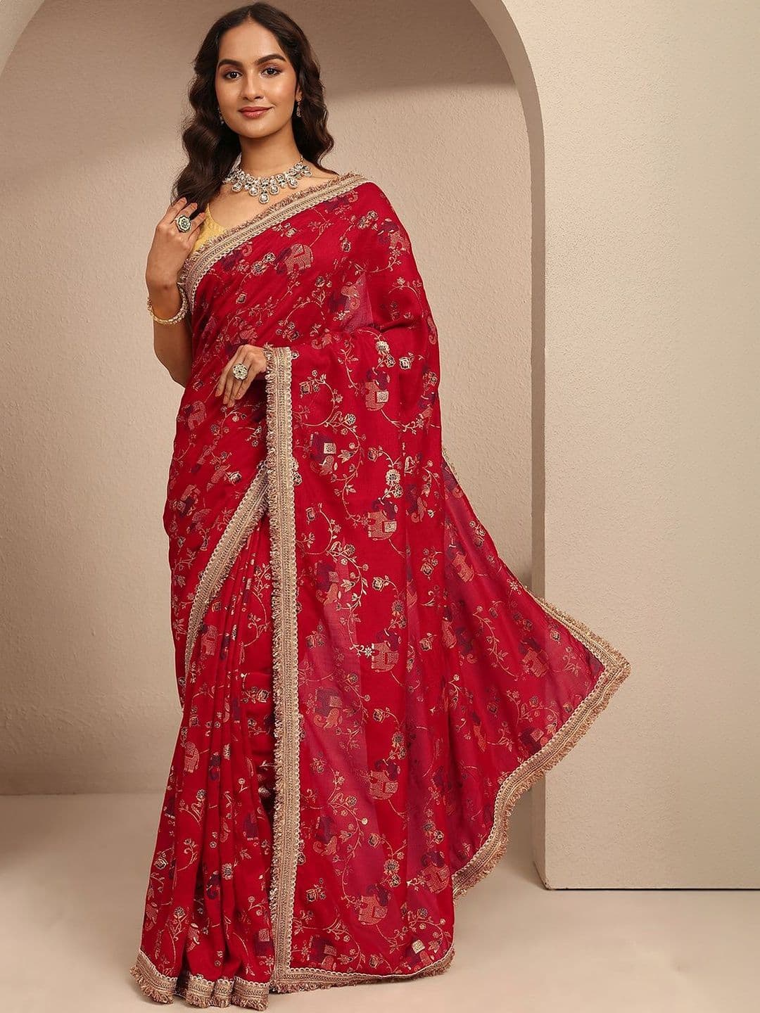 Libas Red Tribal Printed Saree With Unstitched Blouse Piece - view 1