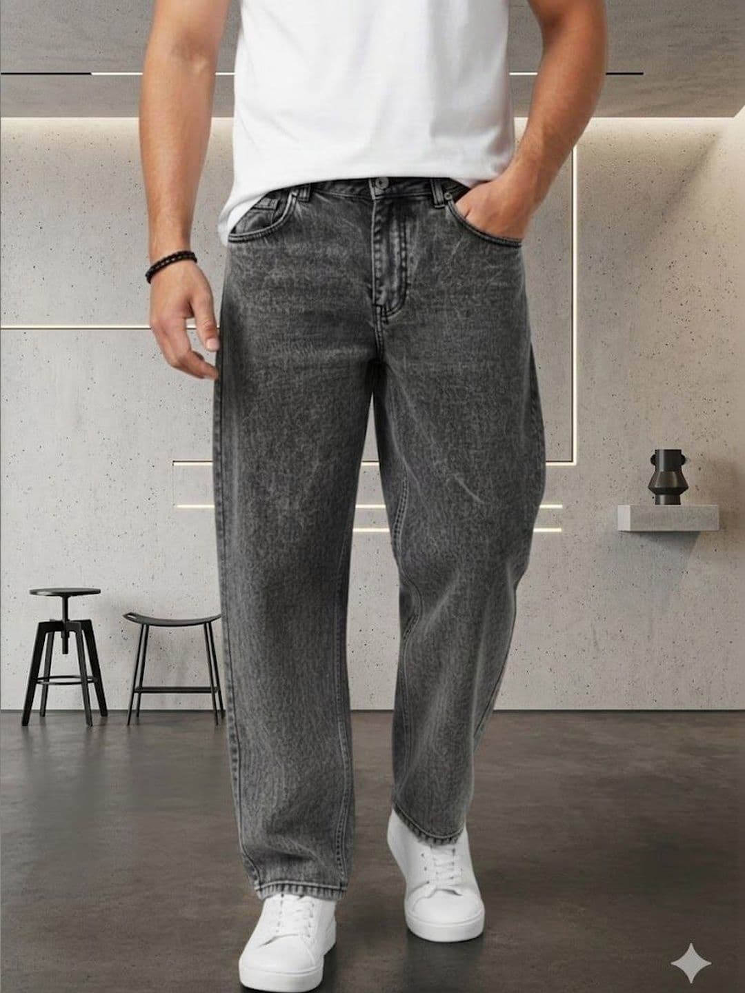 Niffar Fashion Men Wide Leg Mid-Rise Light Fade Applique Jeans - view 1