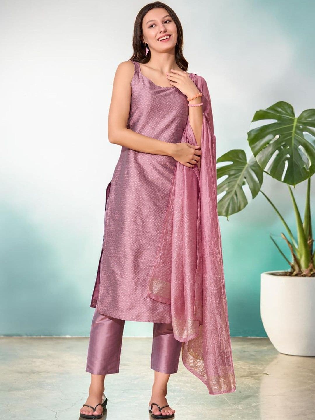 Sangria Woven Design Round Neck Kurta & Trousers With Dupatta - view 1