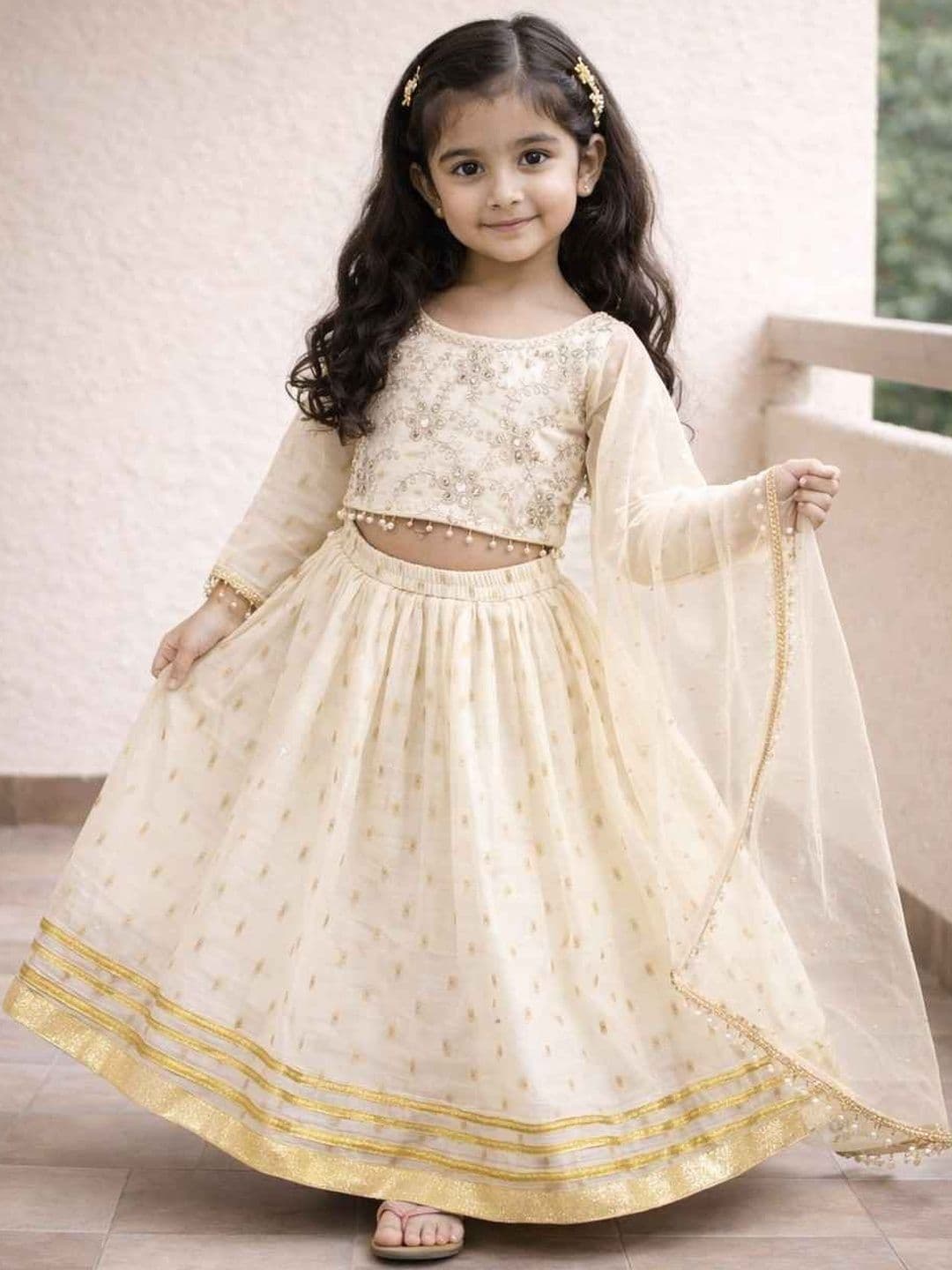 Sangria Girls Woven Design Round Neck Flared Lehenga Choli - view 1