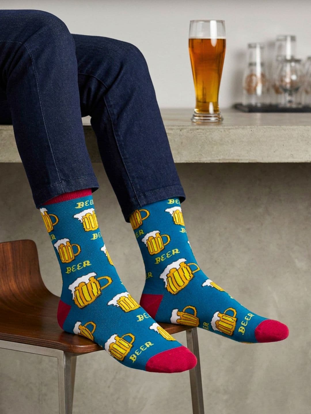 Dynamocks Unisex Blue & Yellow Beer Patterned Calf-Length Anti Bacterial Socks - view 1