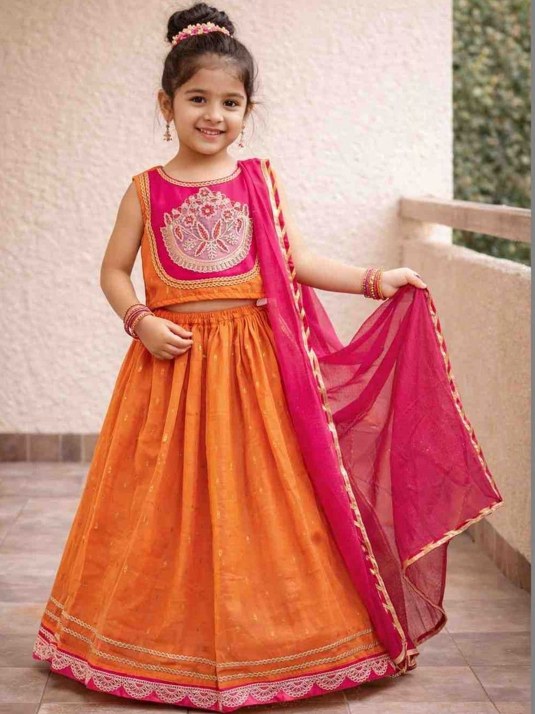 Sangria Girls Woven Design Round Neck Flared Lehenga Choli - view 1
