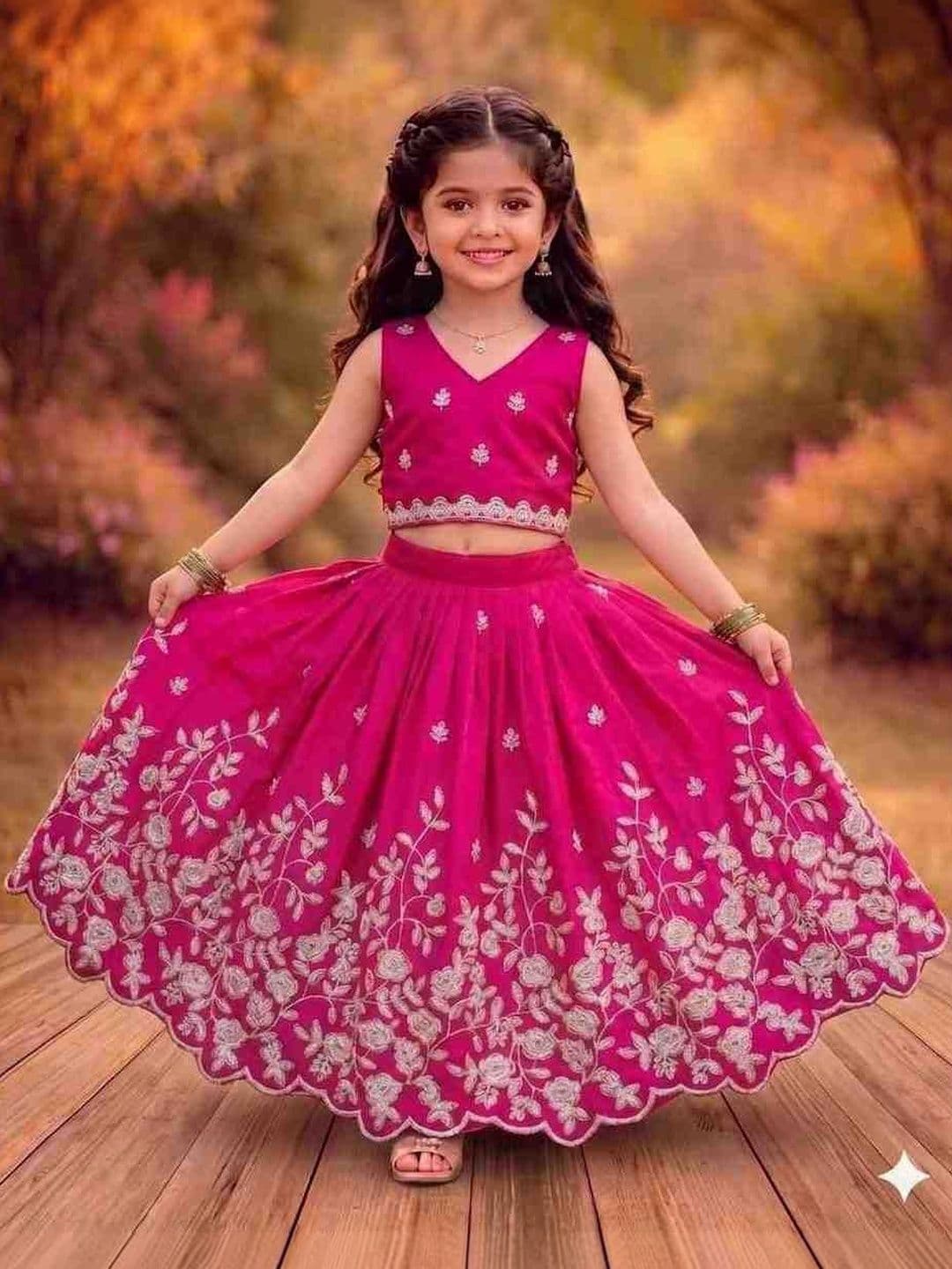 RJ ONLINE Girls Embroidered V-Neck Thread Work Ready to Wear Lehenga - view 1
