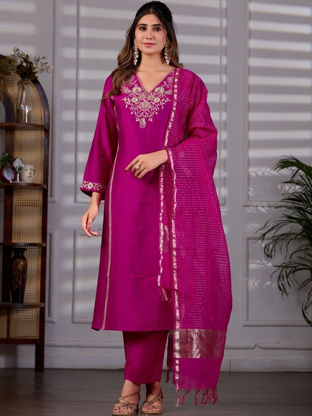 HERE&NOW Women Ethnic Motifs Embroidered Regular Thread Work Kurta with Trousers & With Dupatta - view 1