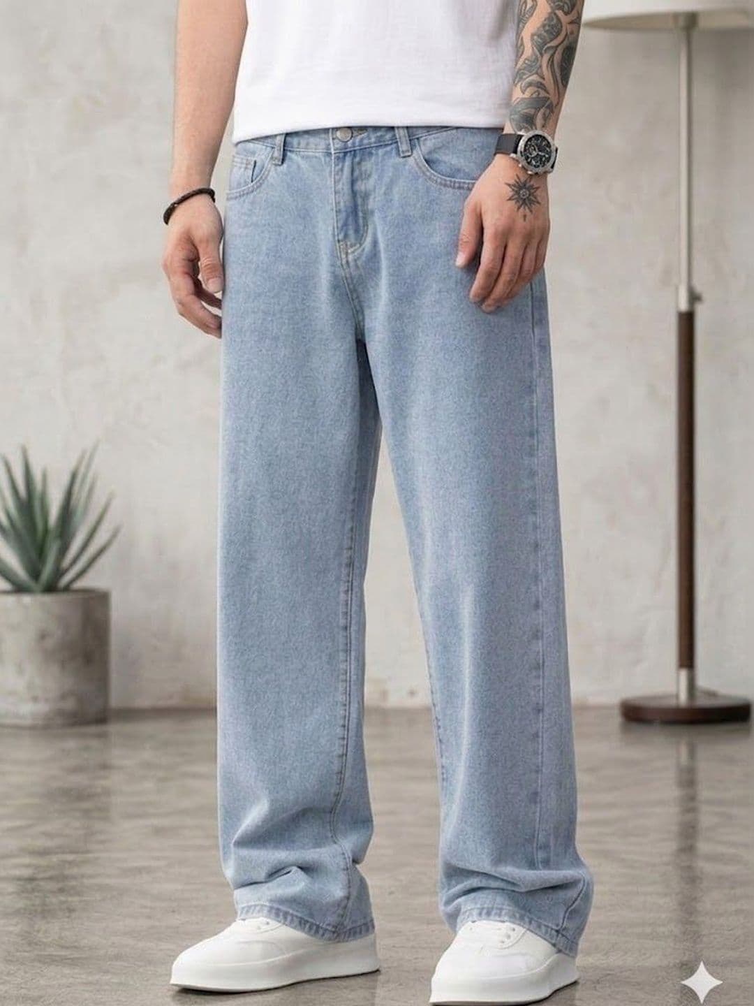 Niffar Fashion Men Wide Leg Mid-Rise Light Fade Applique Jeans - view 1