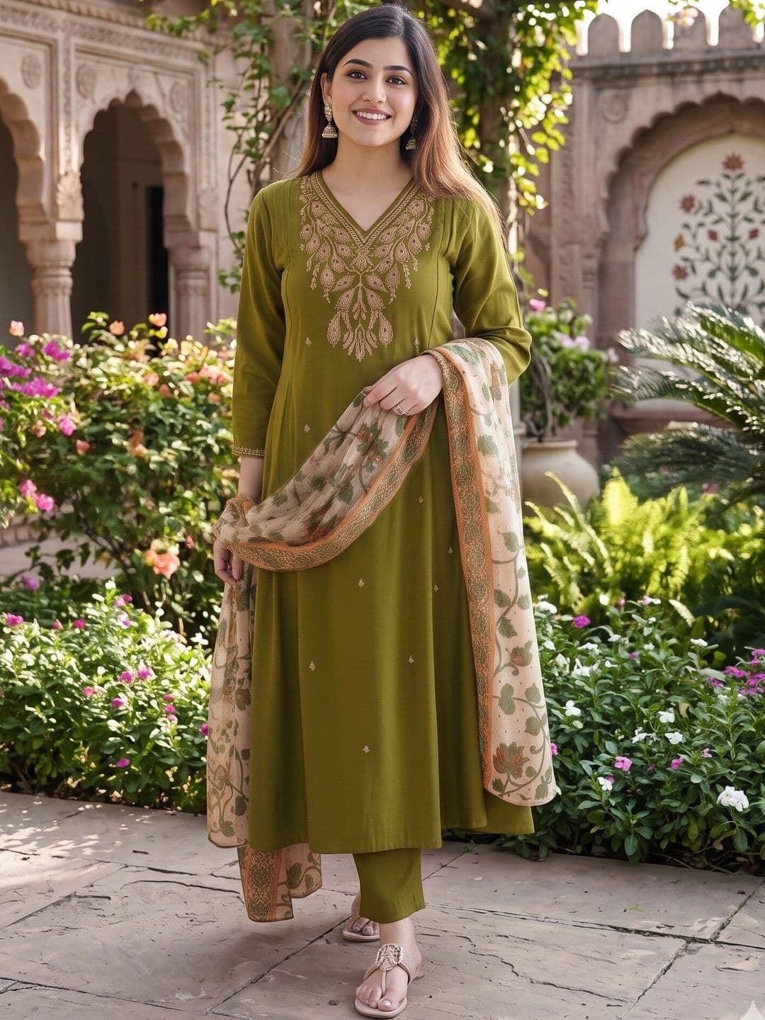 Anouk Rustic Women Ethnic Motifs Embroidered Regular Thread Work Kurta with Trousers & With Dupatta - view 1