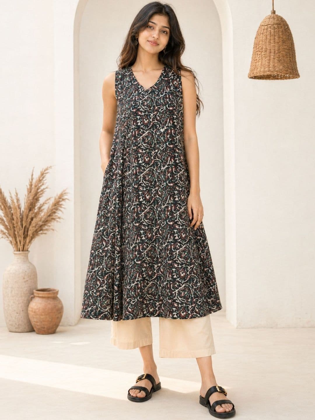 Sangria Printed Cotton V-Neck Calf Length A-Line Kurtas - view 1