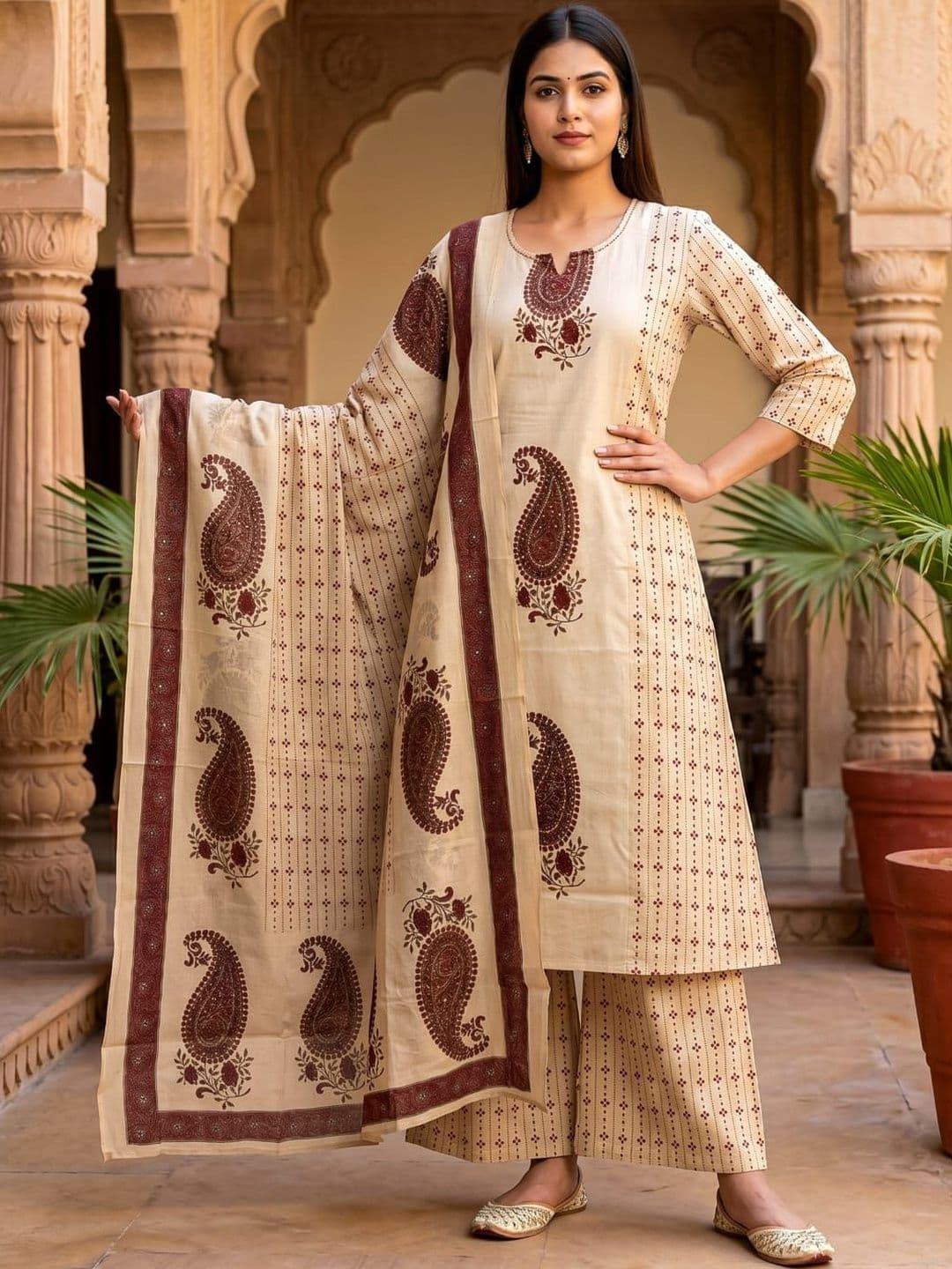 Sangria Printed Pure Cotton Round Neck Kurta & Trousers With Dupatta - view 1
