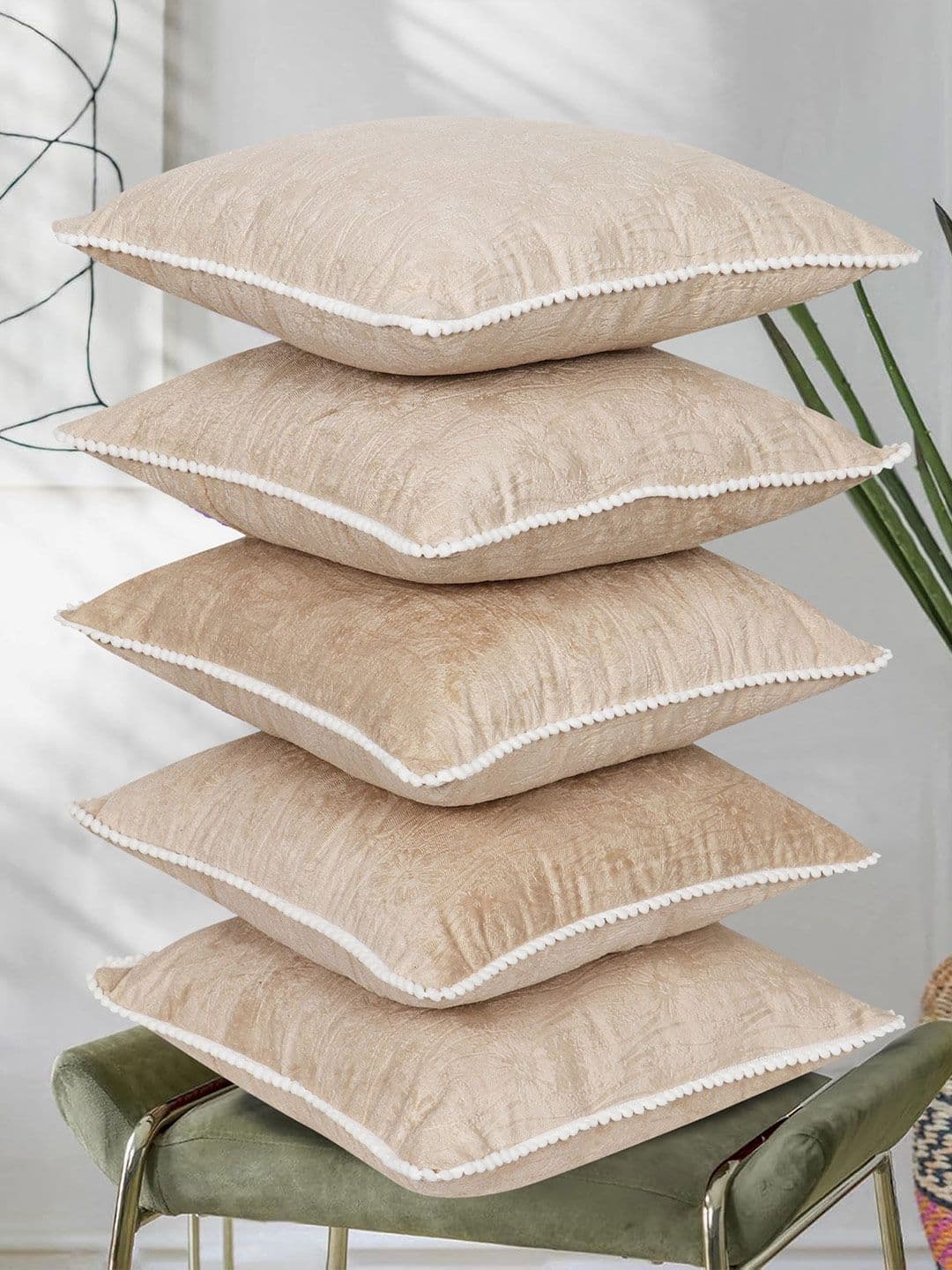 RD TREND Light-Beige Set of 5 Square Velvet Cushion Covers With Pom Pom 16x16 inch - view 1