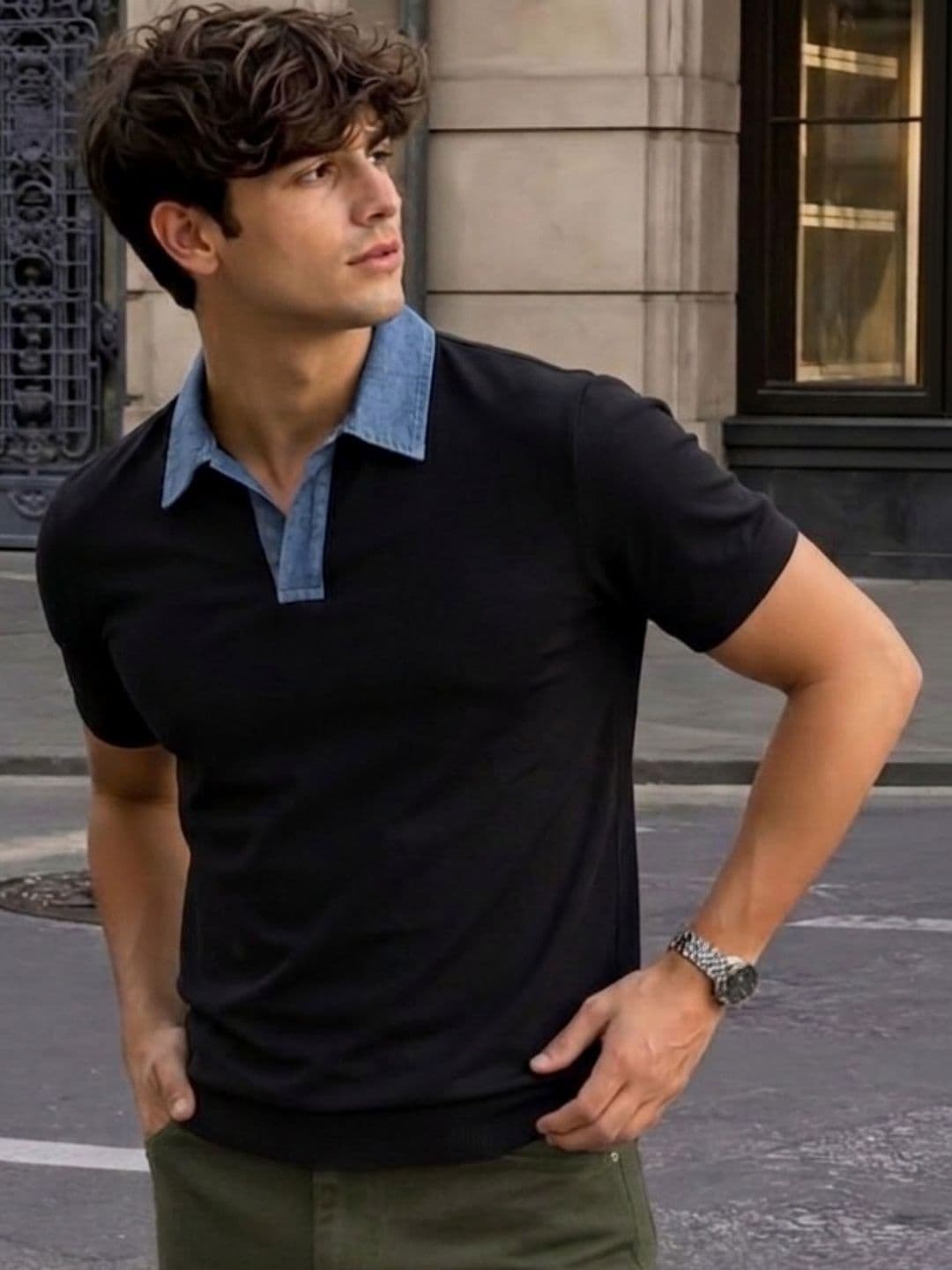Metronaut Rigo Men Black Solid Regular Fit Denim Collar Detail Half sleeve Polo T-Shirt - view 1