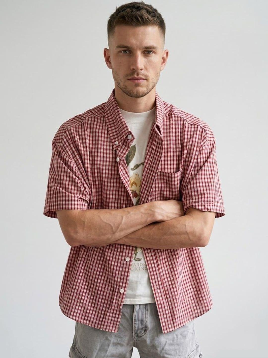 Suo Men Boxy Gingham Checks Checked Casual Shirt - view 1