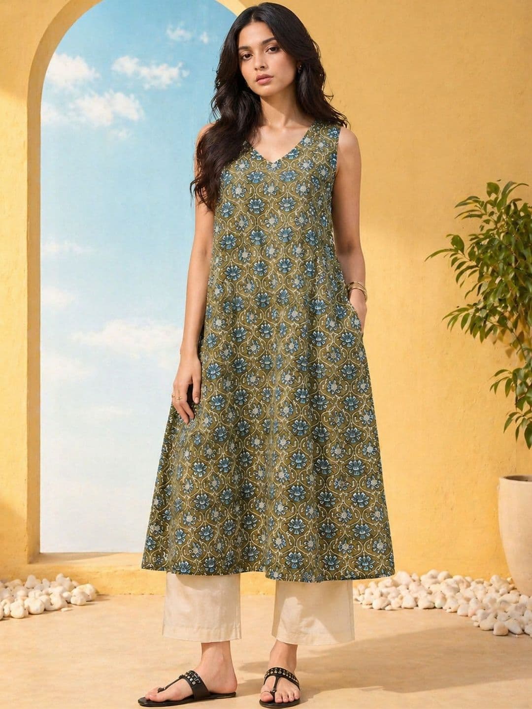 Sangria Printed Cotton V-Neck Calf Length Anarkali Kurtas - view 1