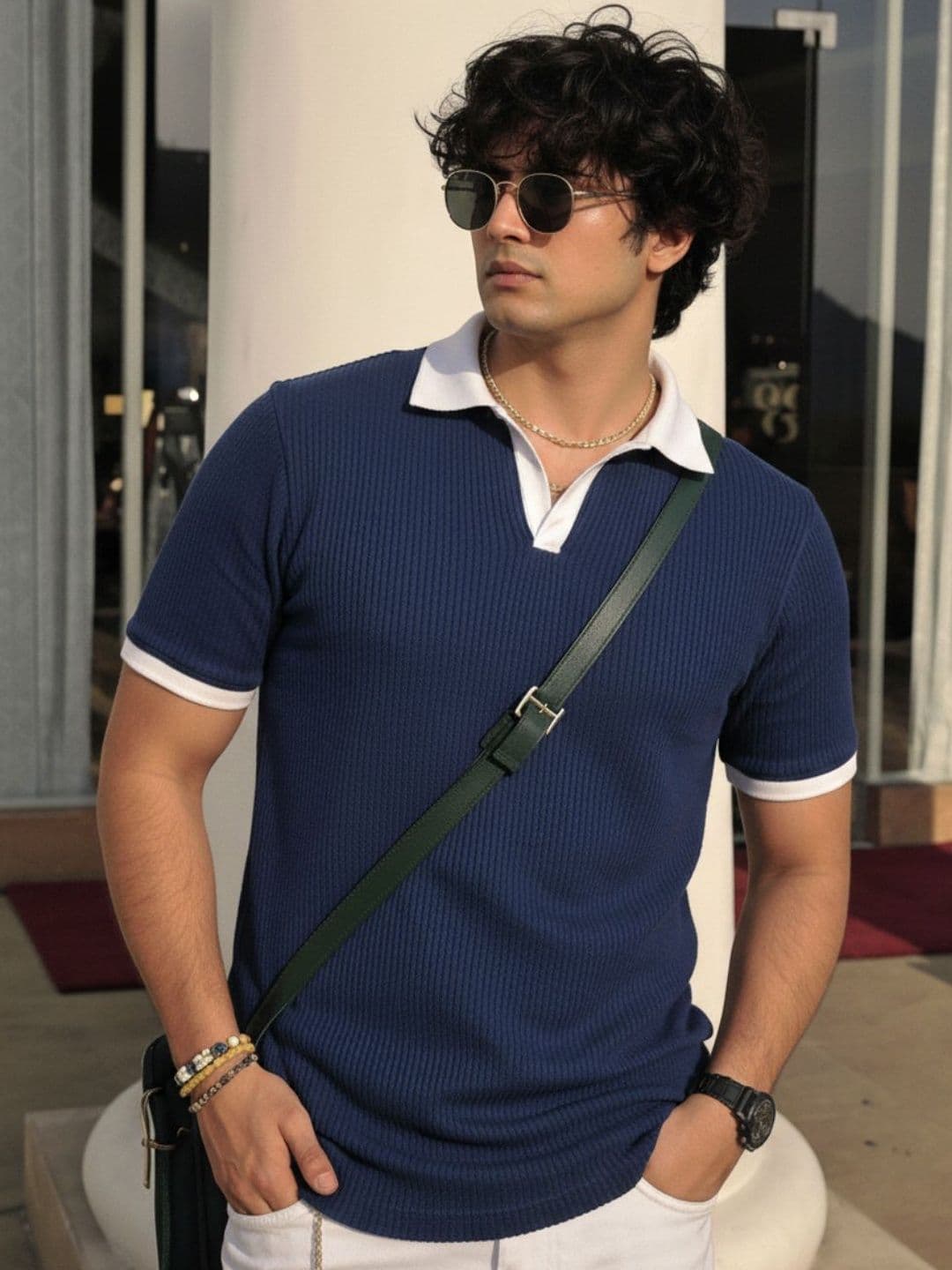 HERE&NOW Rigo Men Navy Blue Self-Textured Waffle Contrast Collar Half Sleeve Polo T-Shirt - view 1