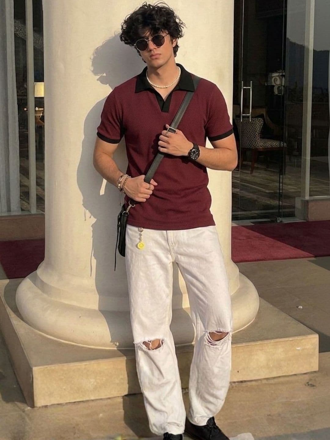 Mast & Harbour Rigo Men Wine Self-Textured Waffle Contrast Collar Half Sleeve Polo T-Shirt - view 1