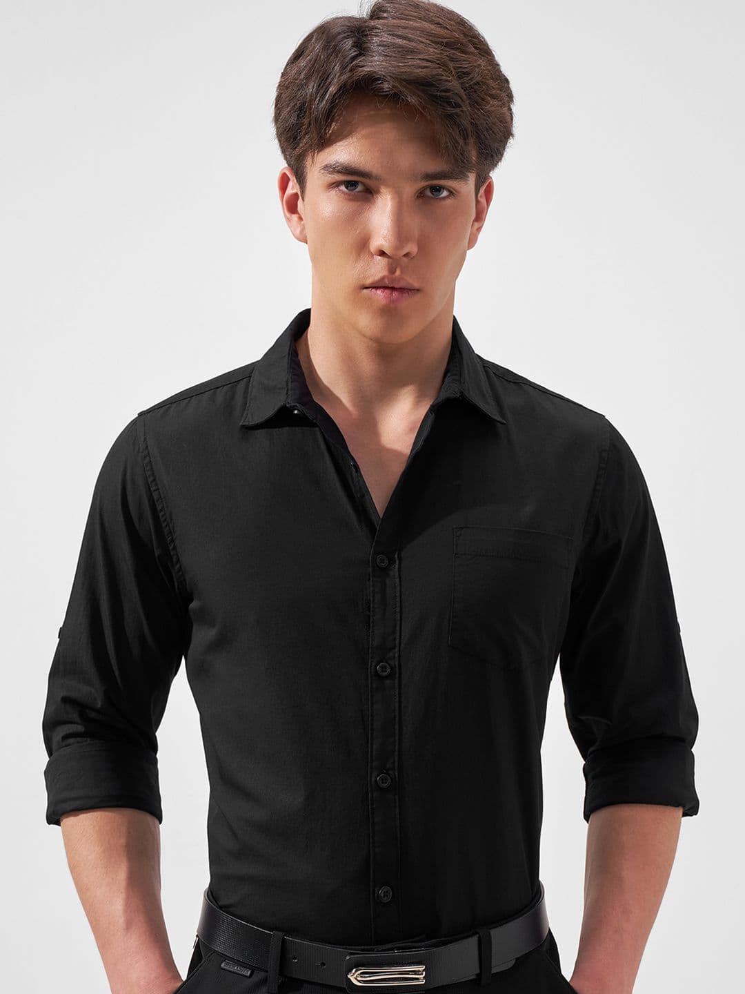 HIGHLANDER Men Black Long Roll-Up Sleeves Slim Fit Casual Shirt - view 1