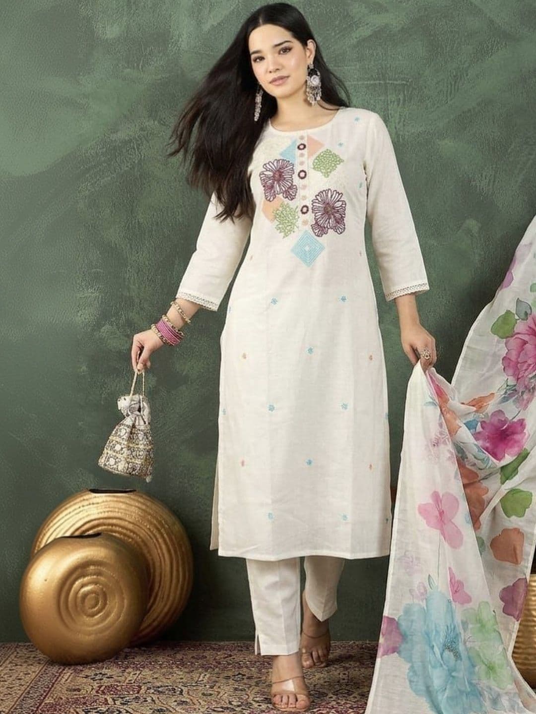 House of Pataudi Embroidered Pure Cotton Round Neck Kurta & Trousers With Dupatta - view 1