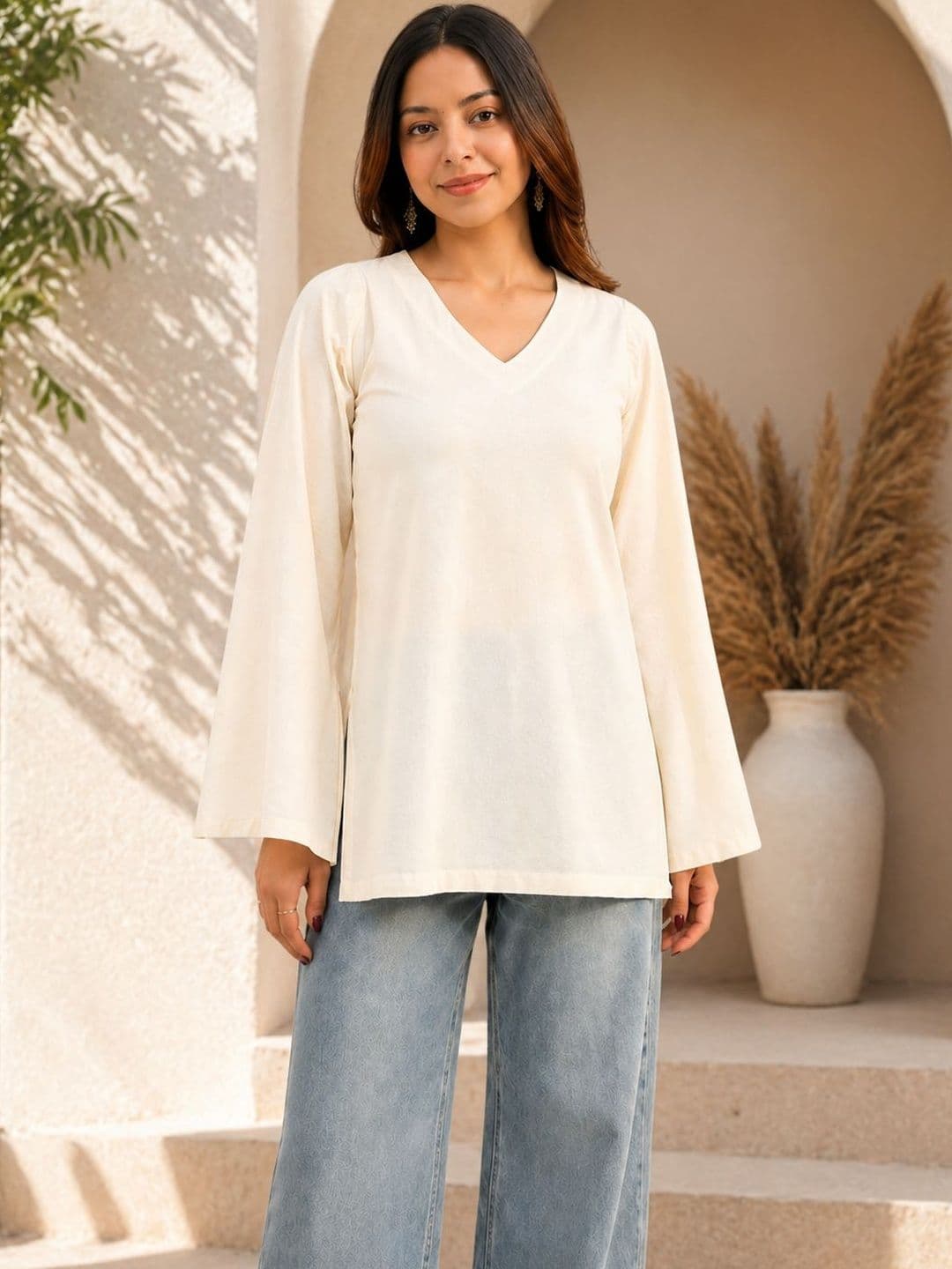 Rensa Women Bell Sleeves Khadi Kurta - view 1