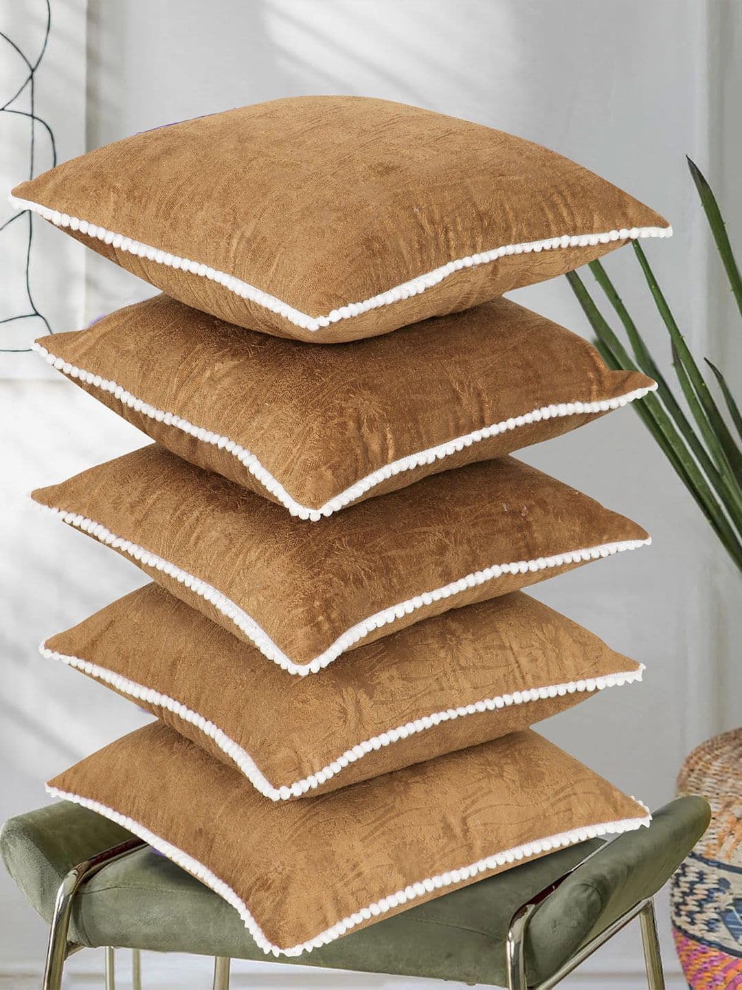 RD TREND Beige-Gold Set of 5 Square Velvet Cushion Covers With Pom Pom 16x16 inch - view 1