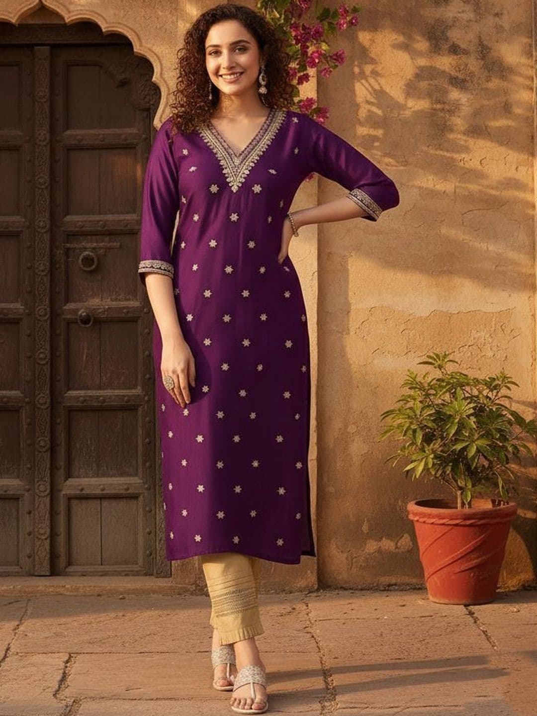 RAMWEAVERS Women Embellished Thread Work Kurta - view 1