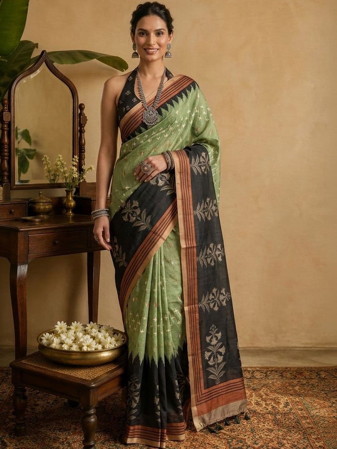 AANVI Ethnic Motifs Jute Silk Handloom Saree - view 1