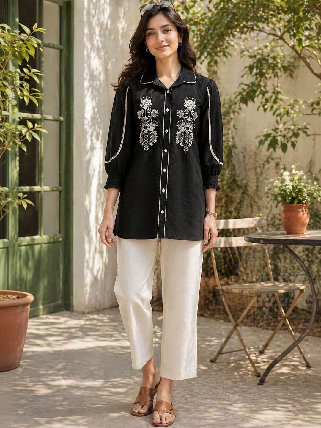 Nayam By Lakshita Floral Embroidered Ethnic Linen Top - view 1