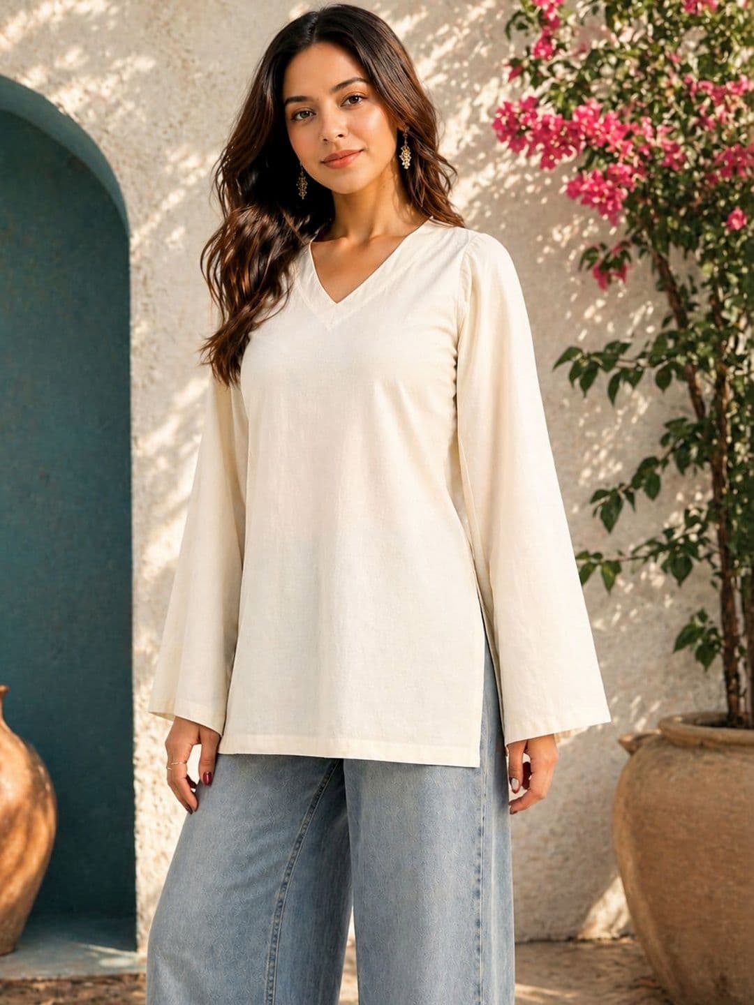 Rensa Women Bell Sleeves Khadi Kurta - view 1
