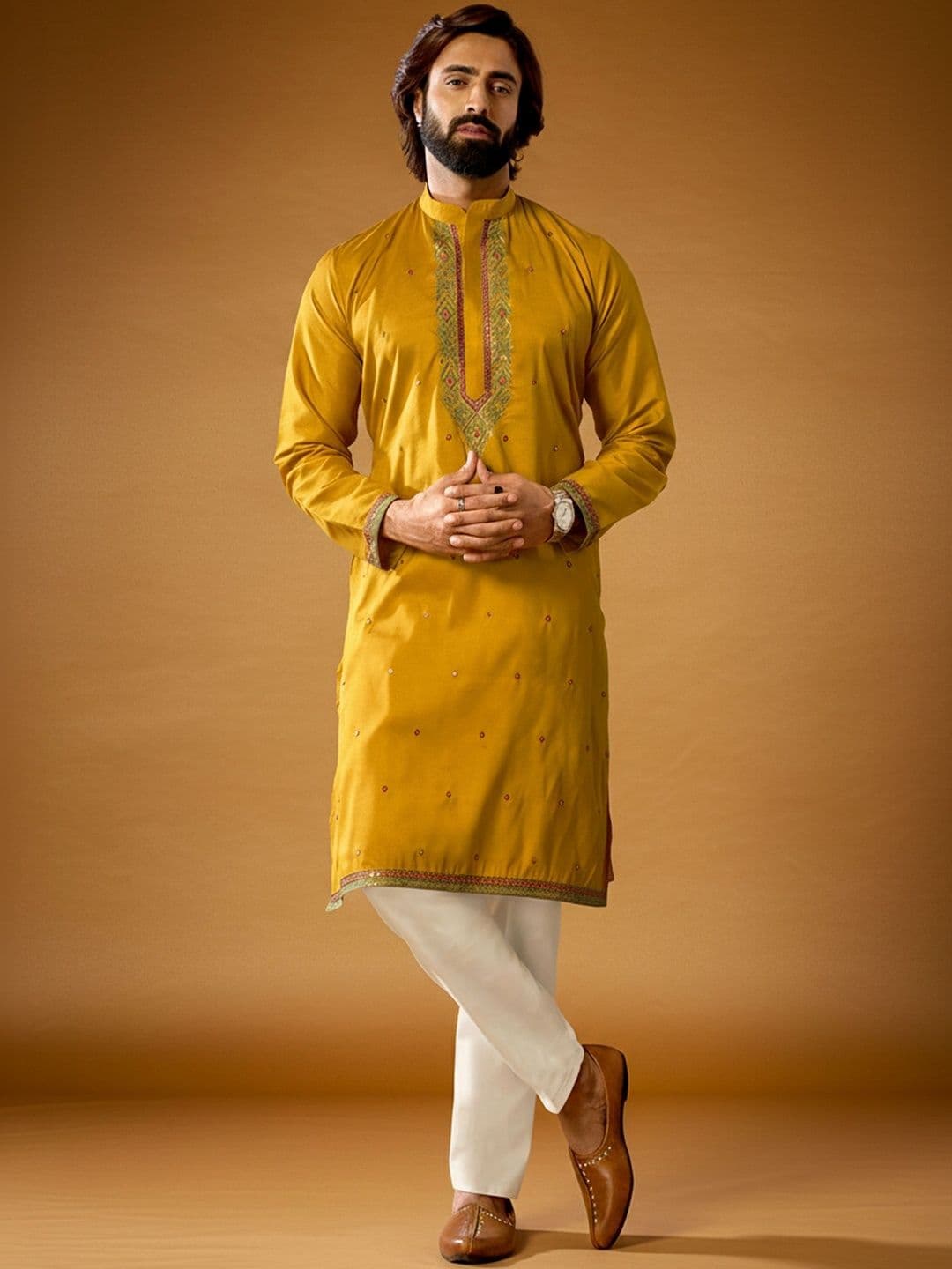 INDIROOP Men Embellished Mirror Work Kurta - view 1