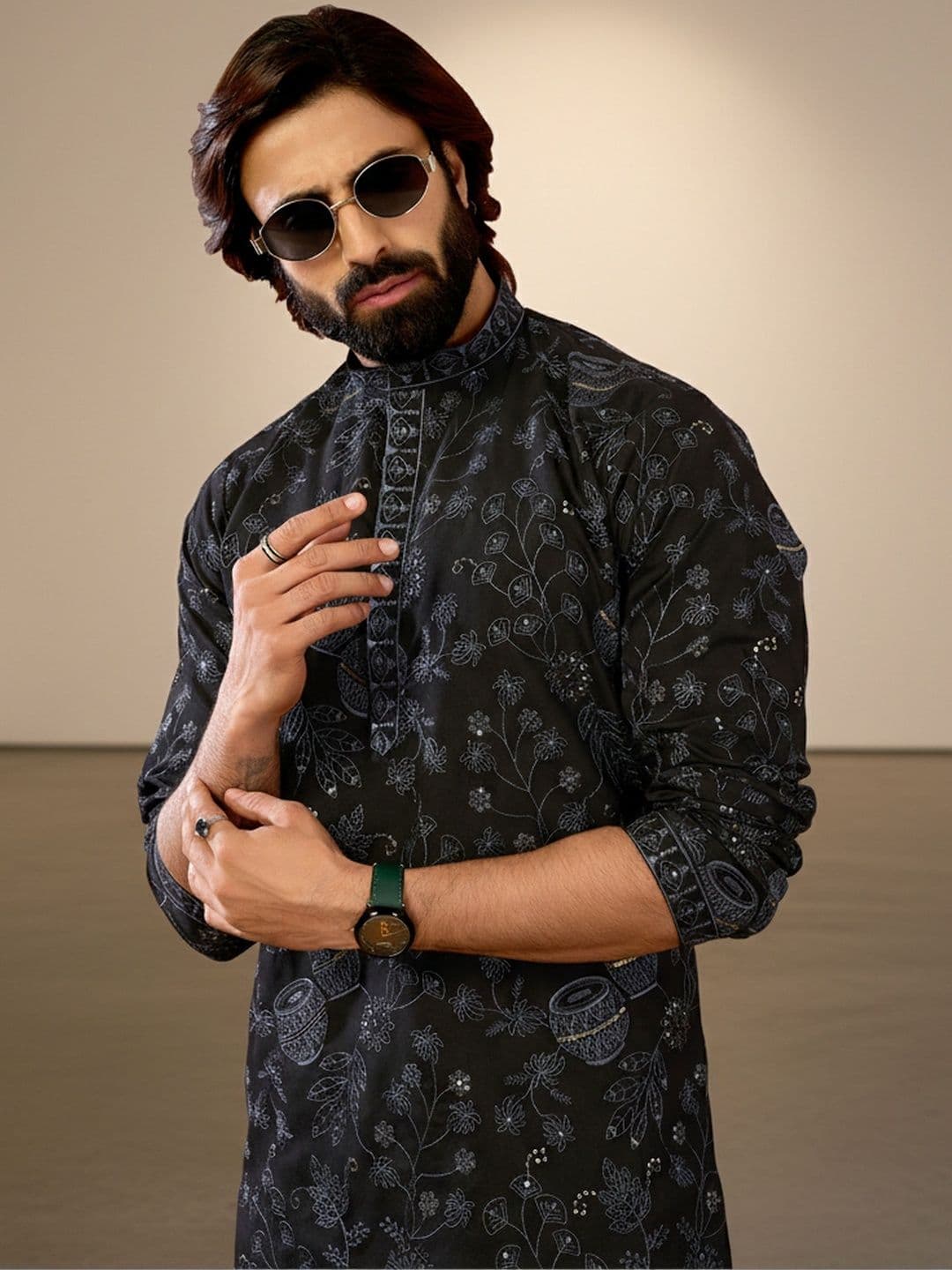 INDIROOP Men Embellished Mirror Work Kurta - view 1