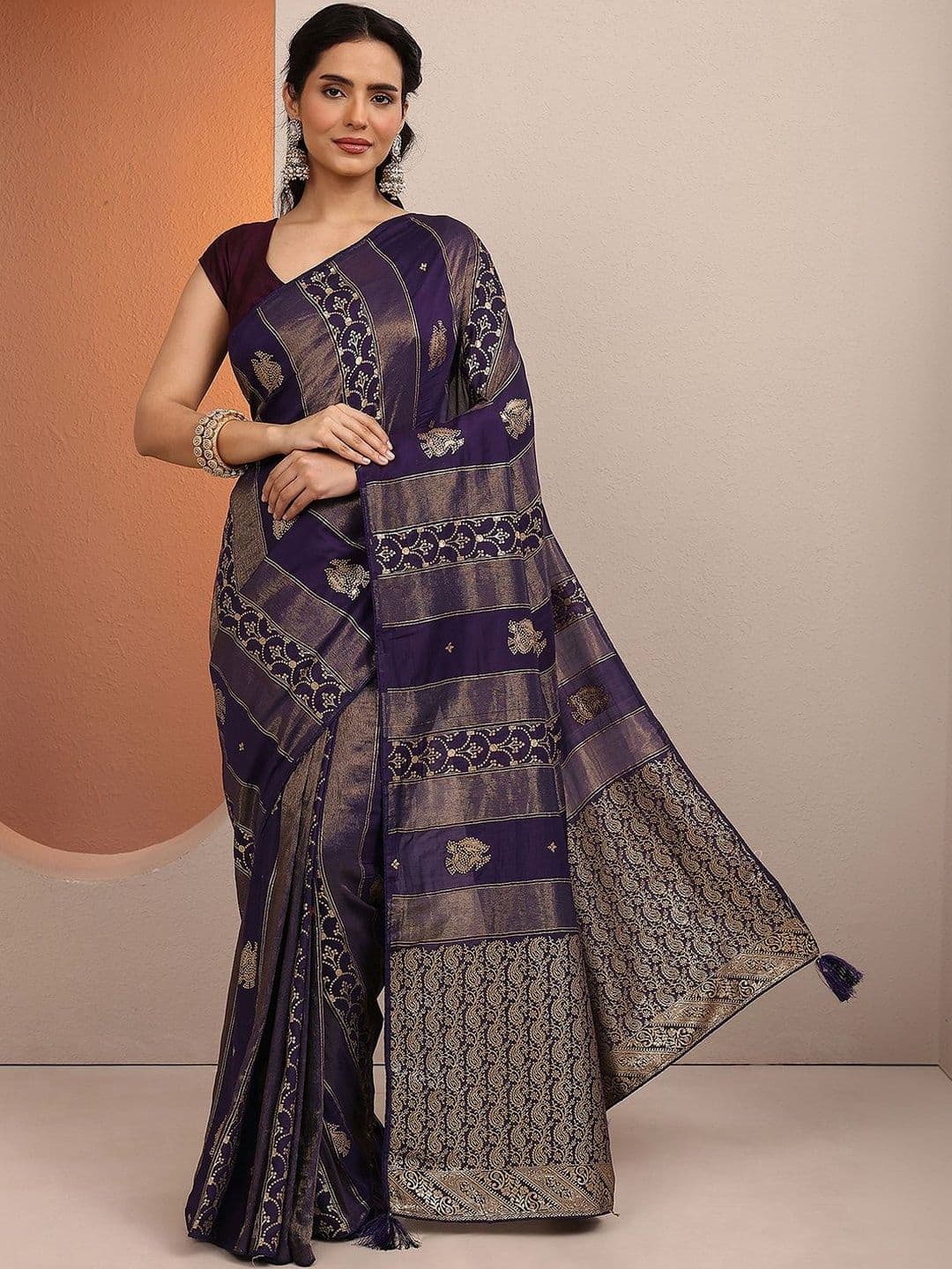 Libas Purple Woven Design Banarsi Saree With Unstitched Blouse Piece - view 1
