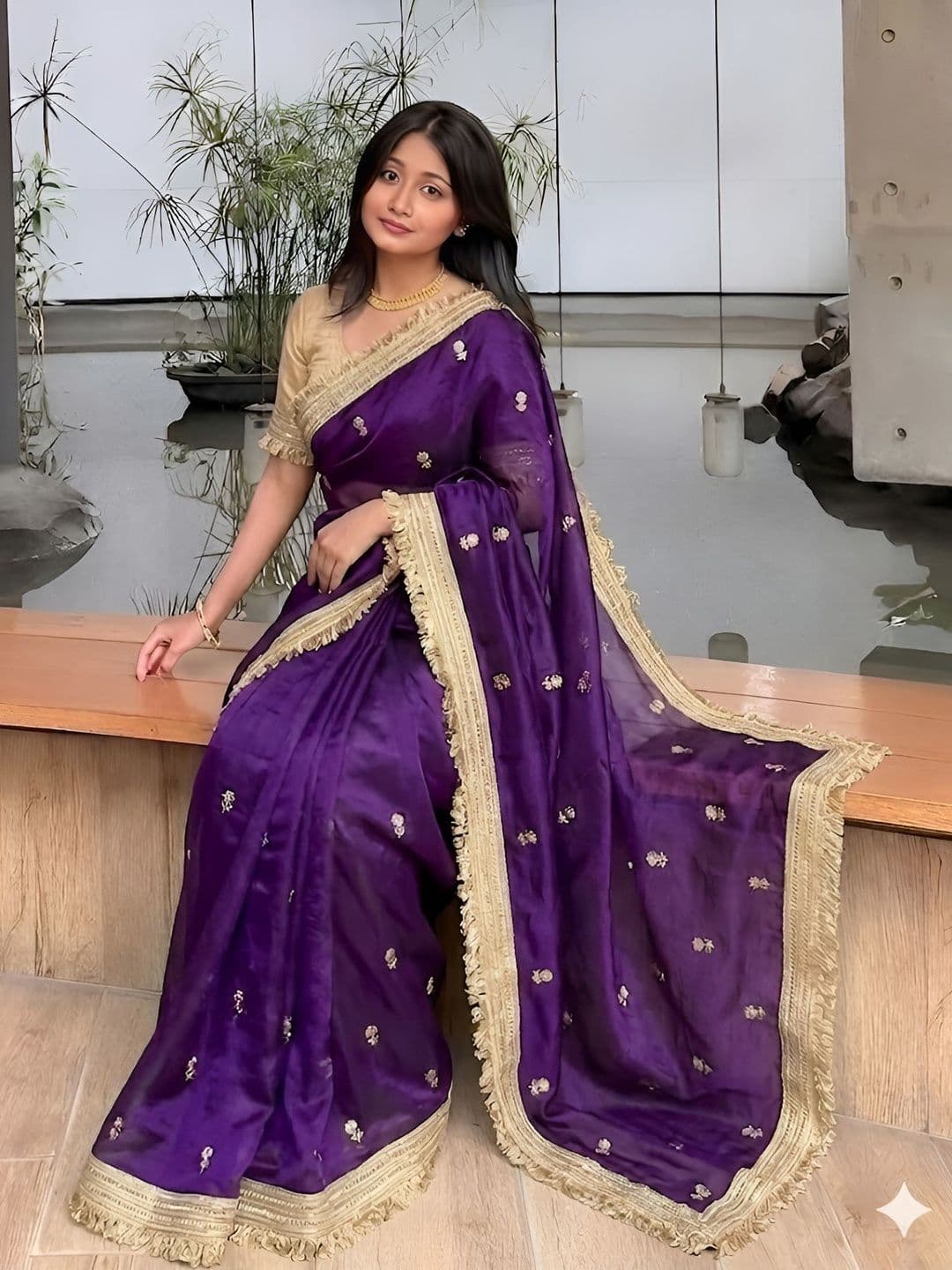 VRAGI Ethnic Motifs Embroidered Satin Heavy Work Saree - view 1