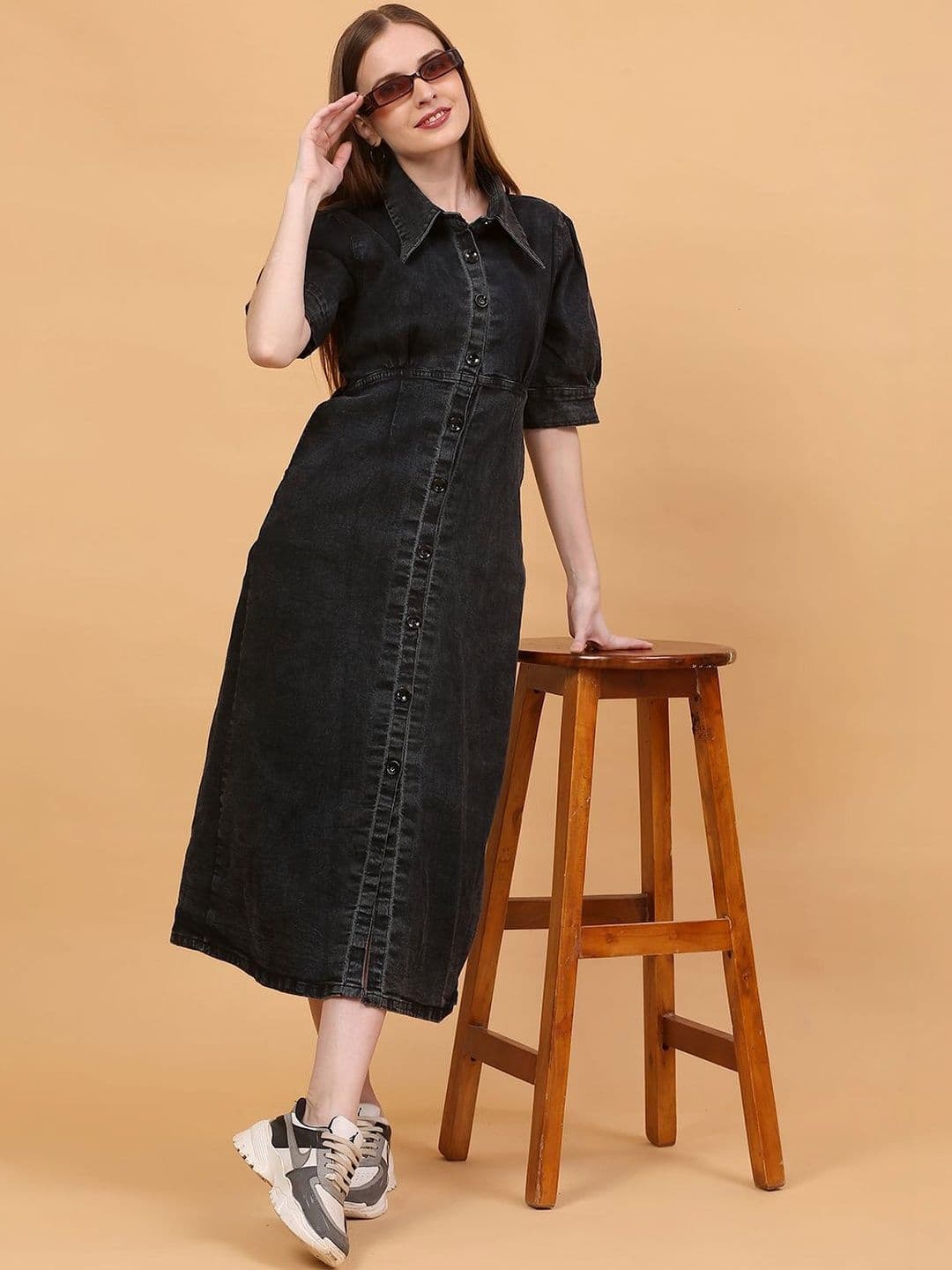 SOFTEN Puff Sleeve Shirt Midi Dress - view 1