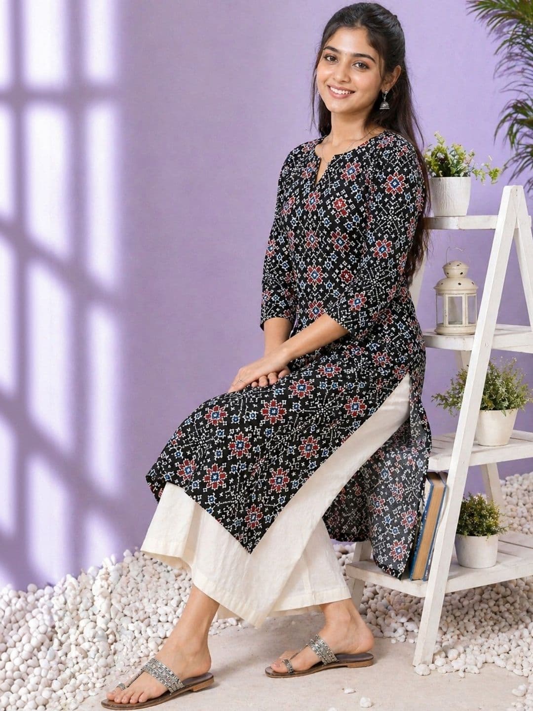 Sangria Printed Cotton V-Neck Calf Length Straight Kurtas - view 1