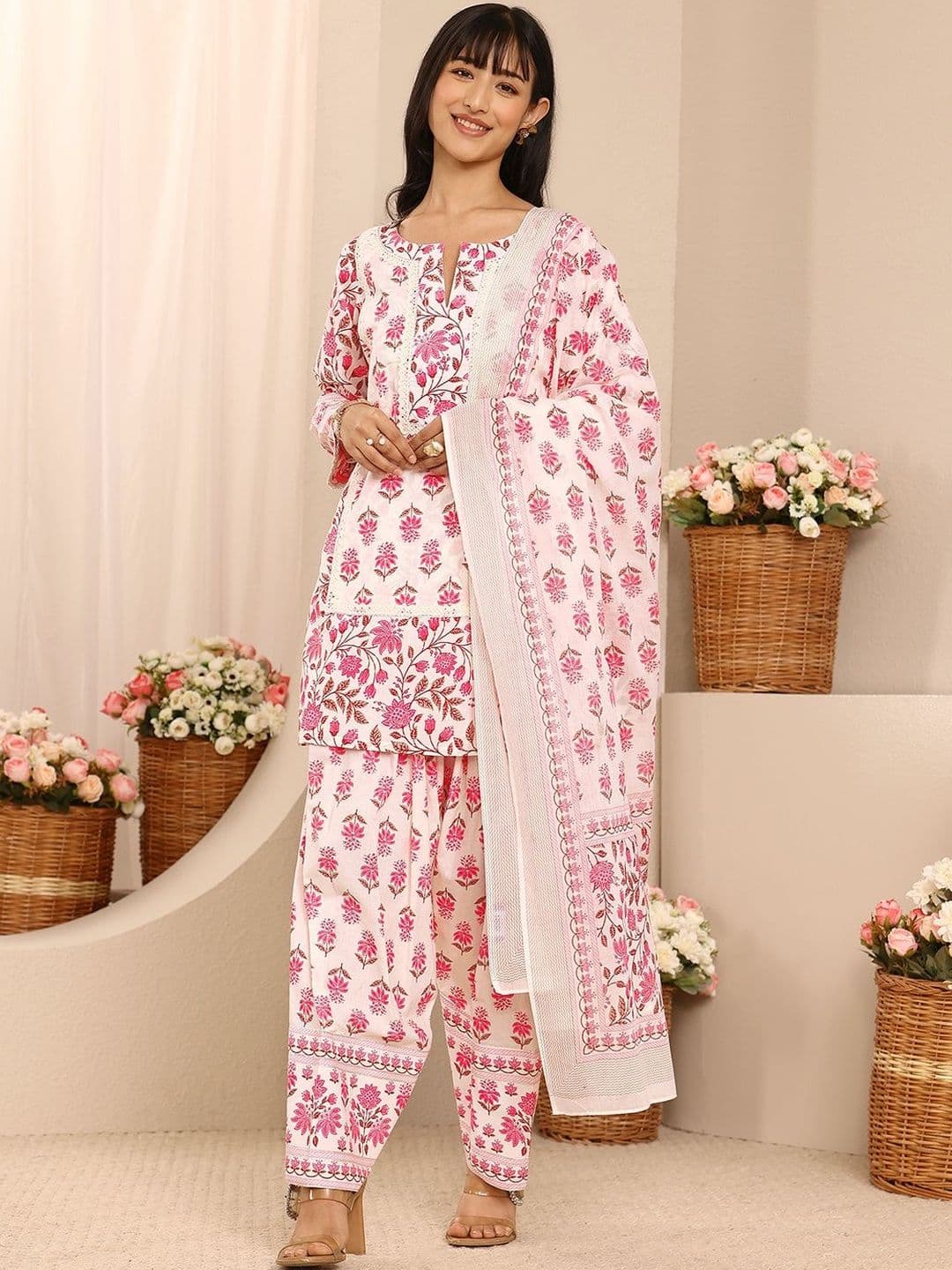 Libas Pink Floral Printed Cotton Straight Suit Set with Dupatta - view 1