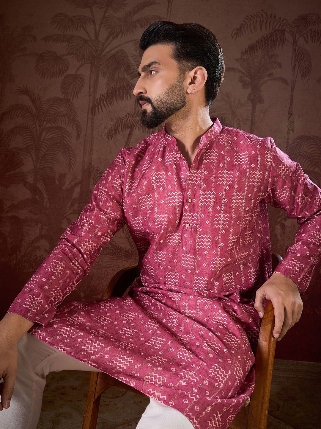 House of Pataudi Printed Mandarin Collar Knee Length Straight Kurta - view 1