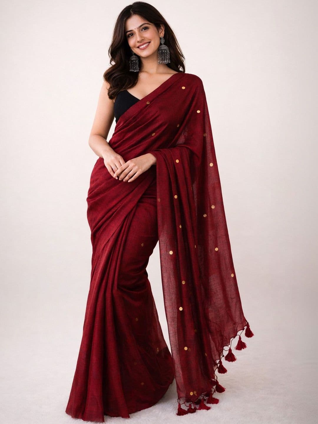Sangria Handloom Khadi Cotton Traditional Mirror Work Thread Tassels Sarees - view 1