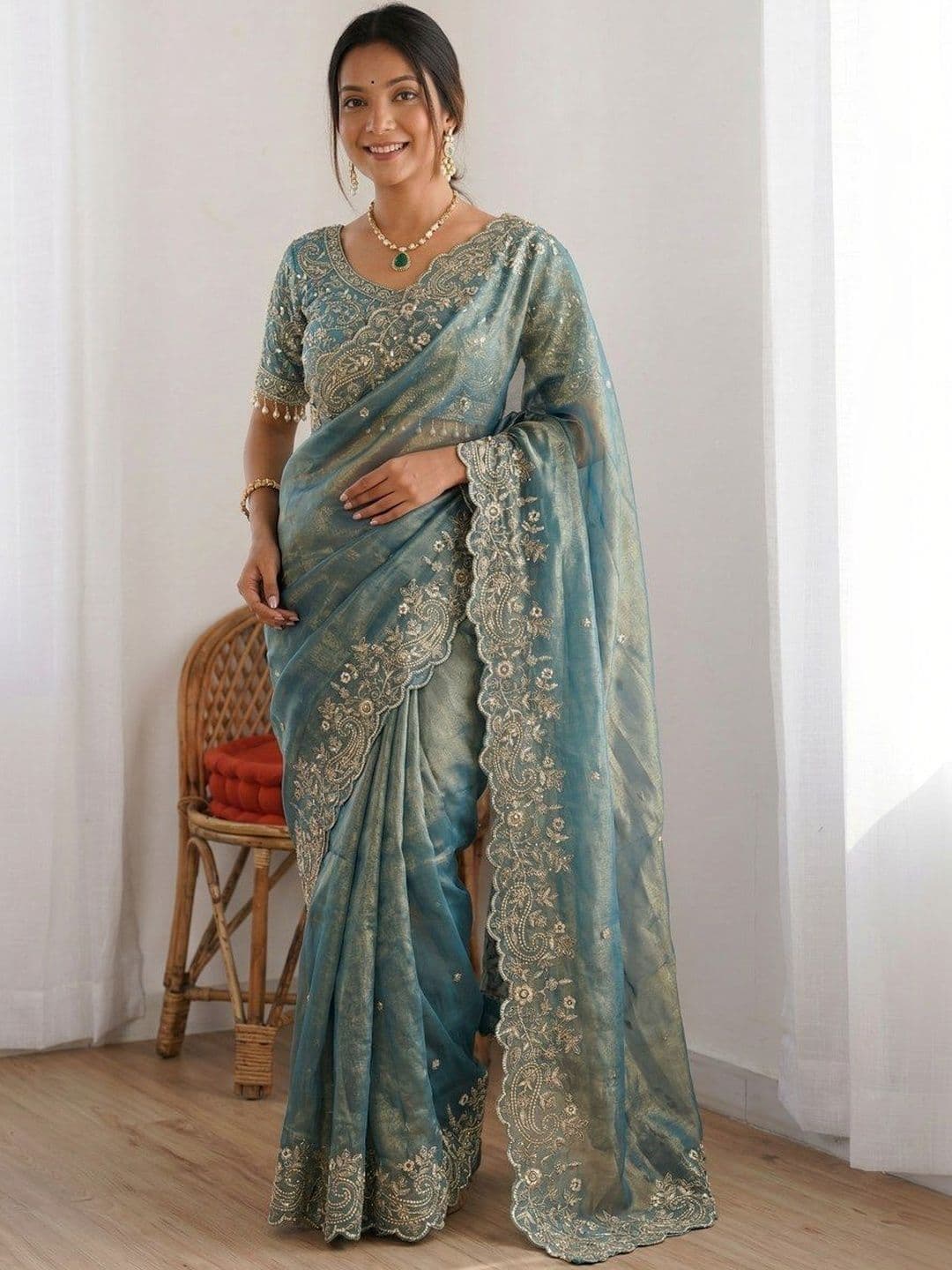 Kalista Ethnic Motifs Embroidered Satin Saree With Unstitched Blouse Piece - view 1