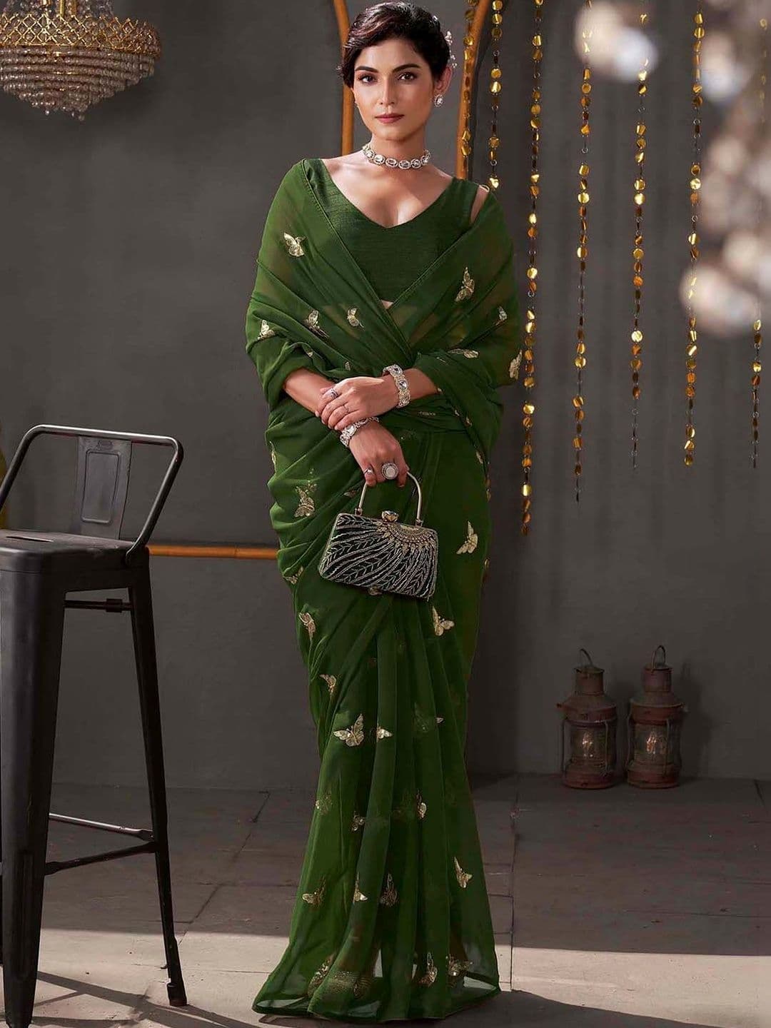 Sangria Georgette Sequence Embroideried Blouse Piece & Sarees - view 1