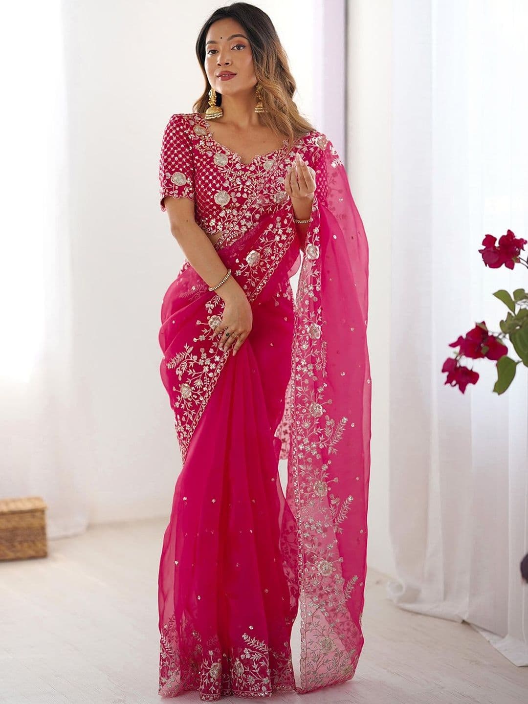 Sangria Organza Sequin Embroideried Blouse Piece & Sarees - view 1