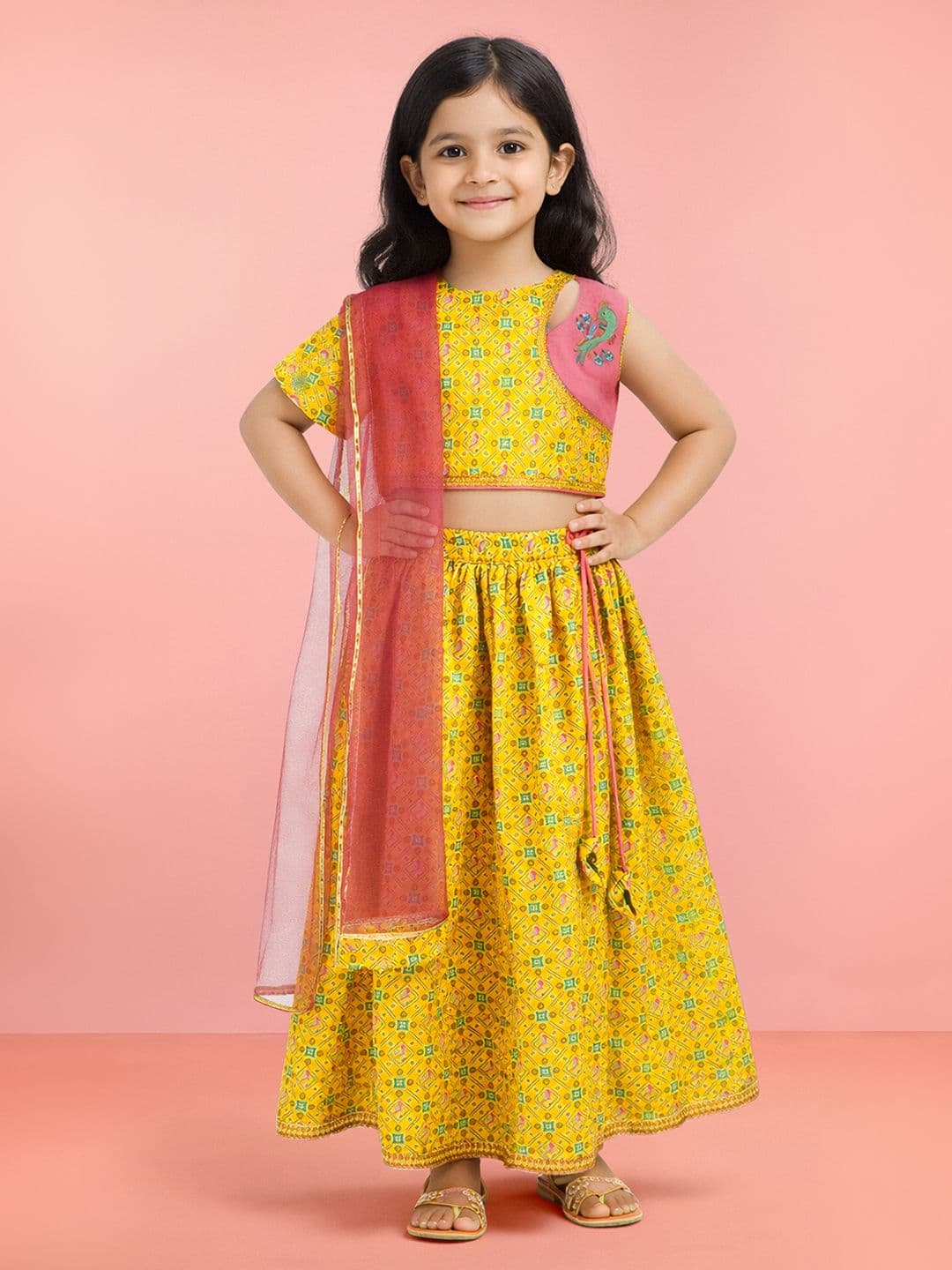 VASTRAMAY Girls Yellow Cotton Animal Printed Embroidery Lehenga Choli With Net Dupatta Set - view 1