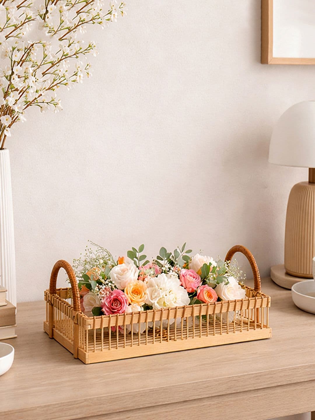 HABERE INDIA Beige Bohemian Bamboo Multi-Utility Rectangular Organiser Tray - view 1
