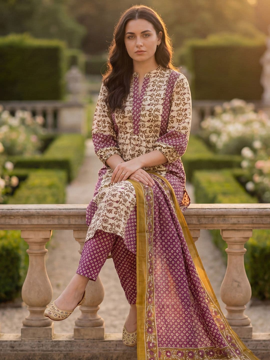 Indo Era Women Floral Printed Regular Beads and Stones Pure Cotton Kurta with Trousers & With Dupatta - view 1