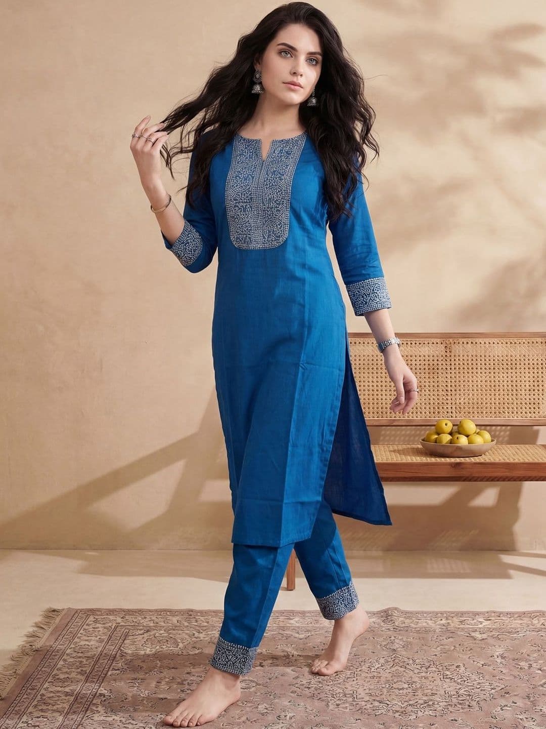 Indo Era Teal Embroidered Straight Kurta Trousers Set Co-ords - view 1