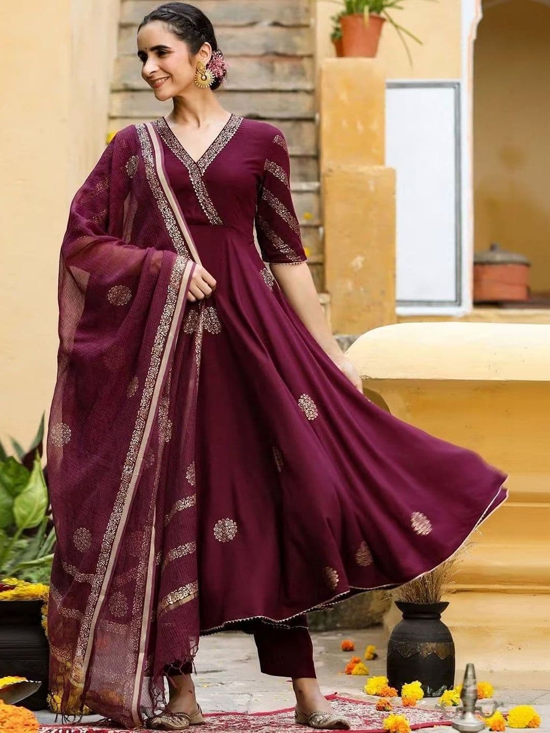 KALINI Women Ethnic Motifs Printed Empire Kurta with Trousers & With Dupatta - view 1