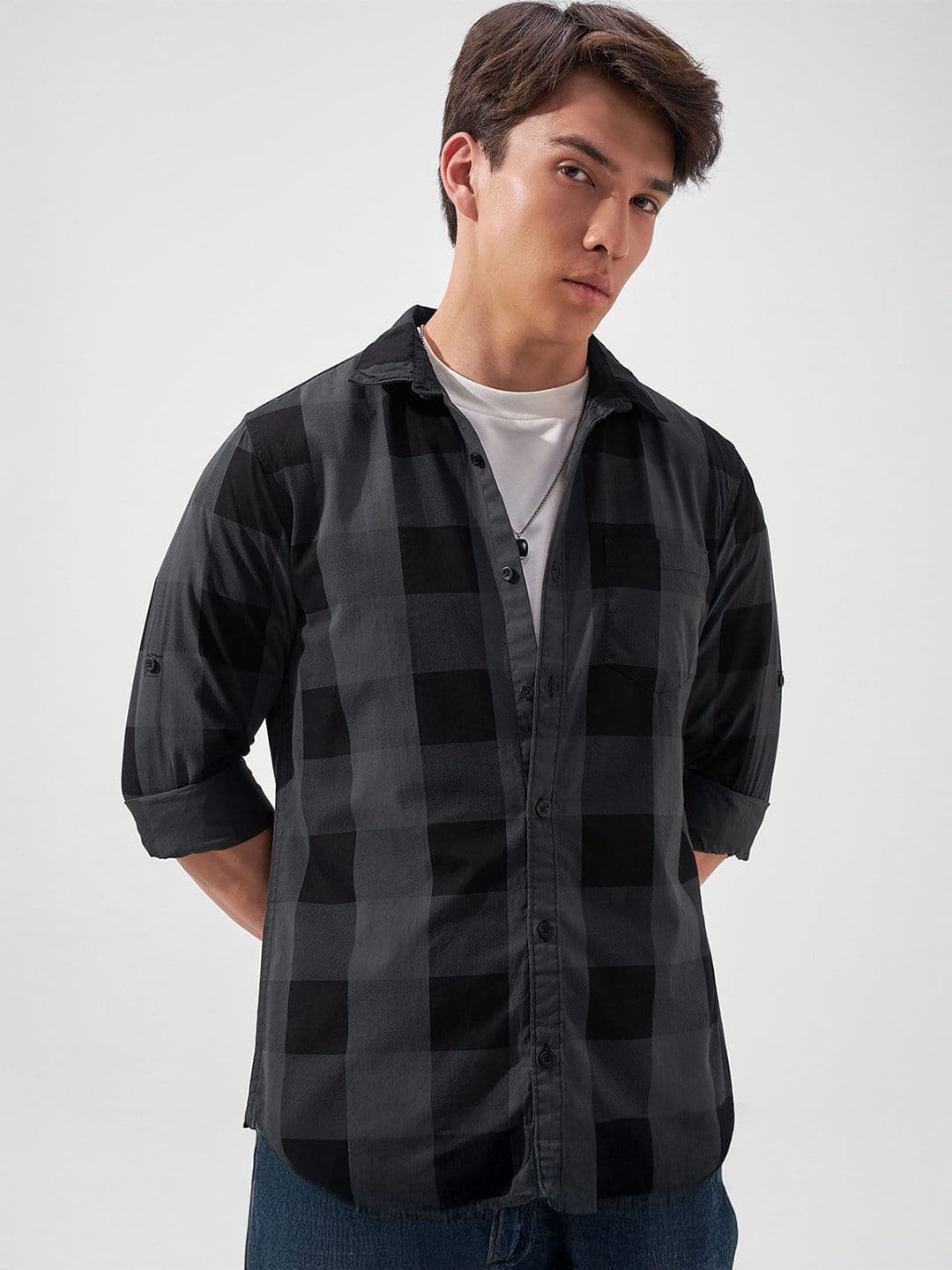 HIGHLANDER Men Black & Grey Slim Fit Checked Casual Shirt - view 1