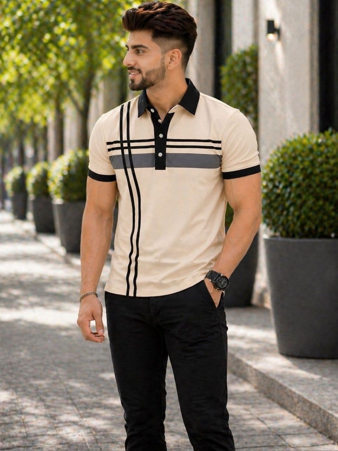 TAZO Men Striped Polo Collar T-shirt - view 1