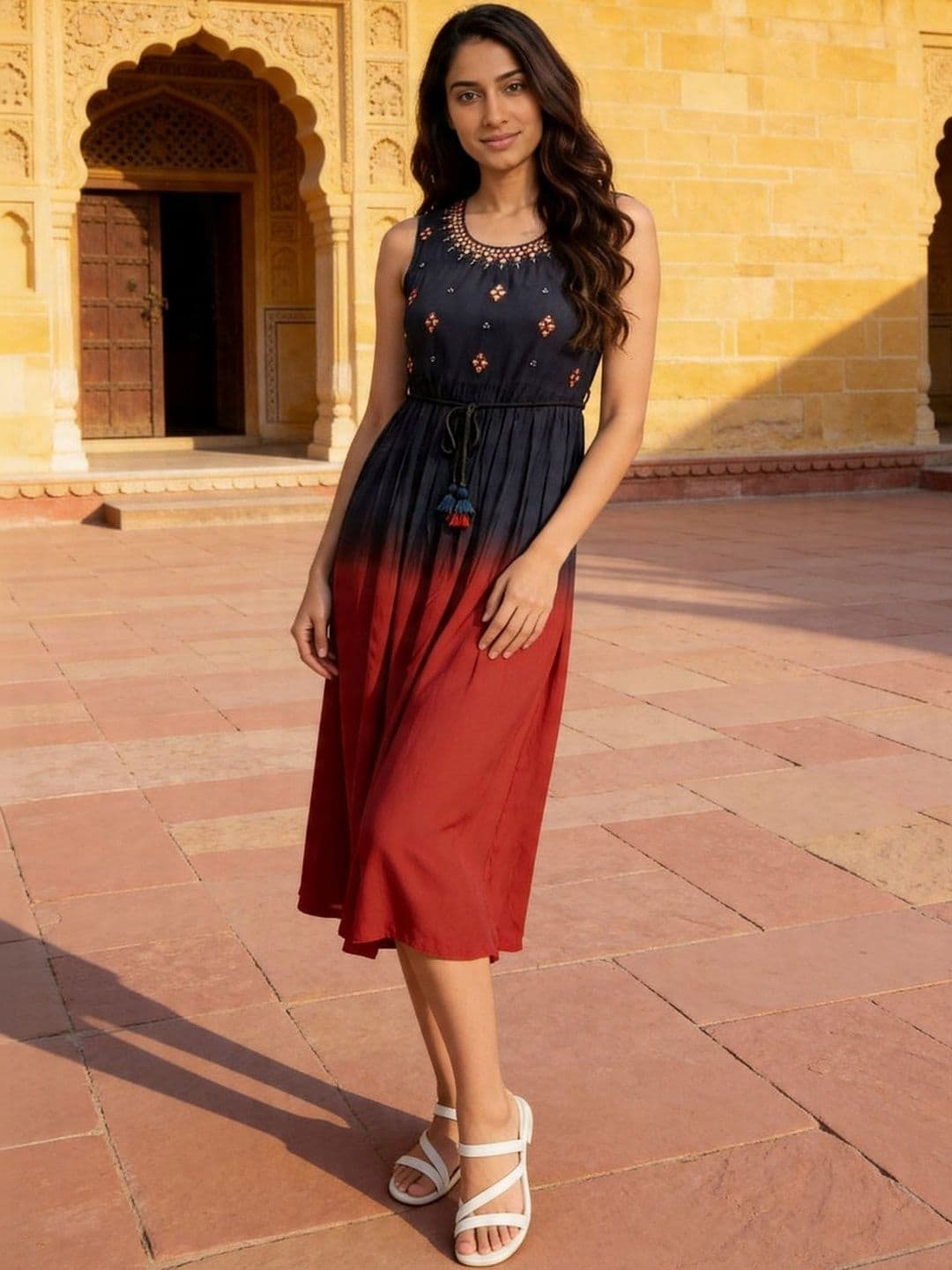 Rangita Ethnic Motifs Embroidered A-Line Midi Dress - view 1